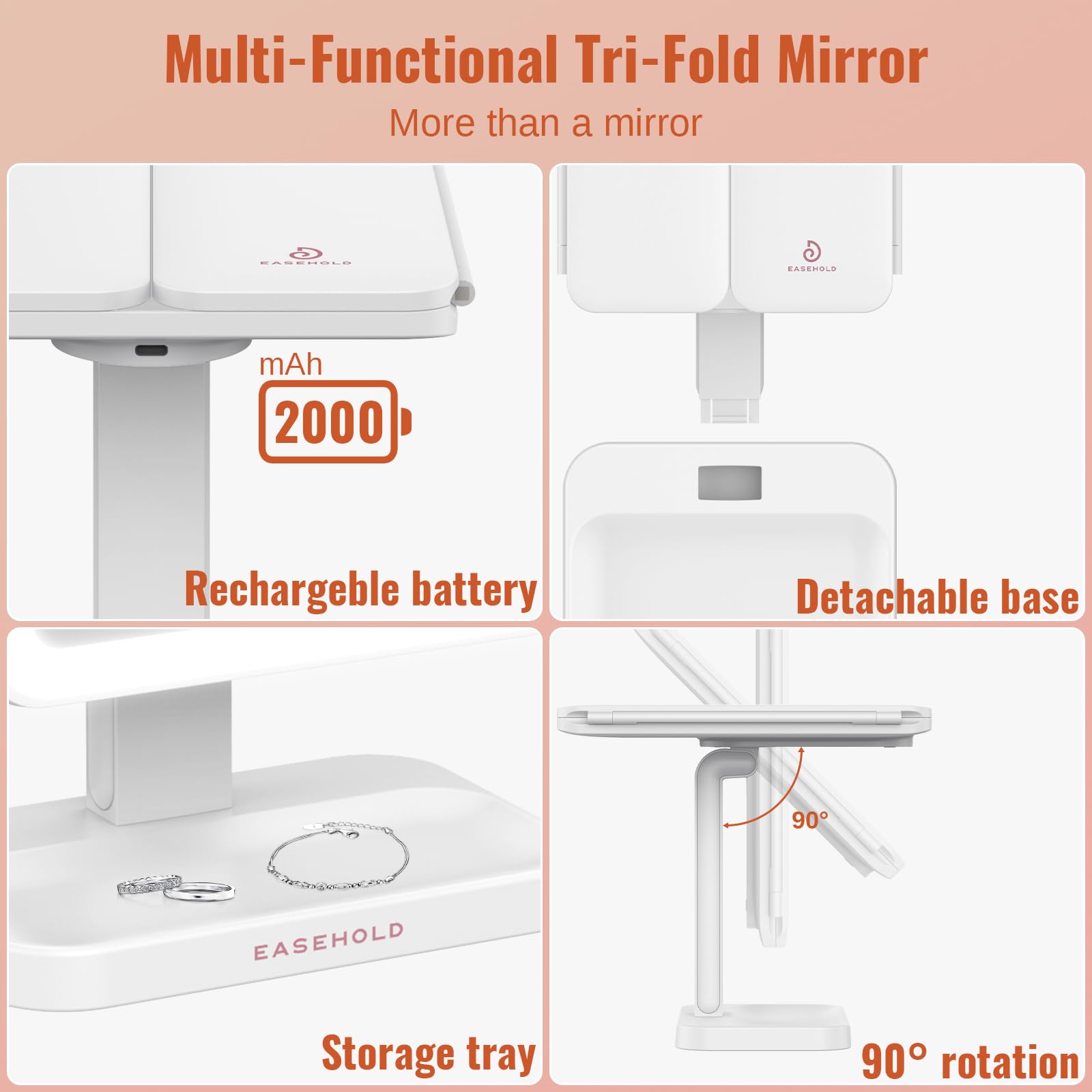 EASEHOLD Lighted Makeup Mirror with 3X Magnification, 3 Color Lights, Touch Sensor – Rechargeable Trifold Vanity