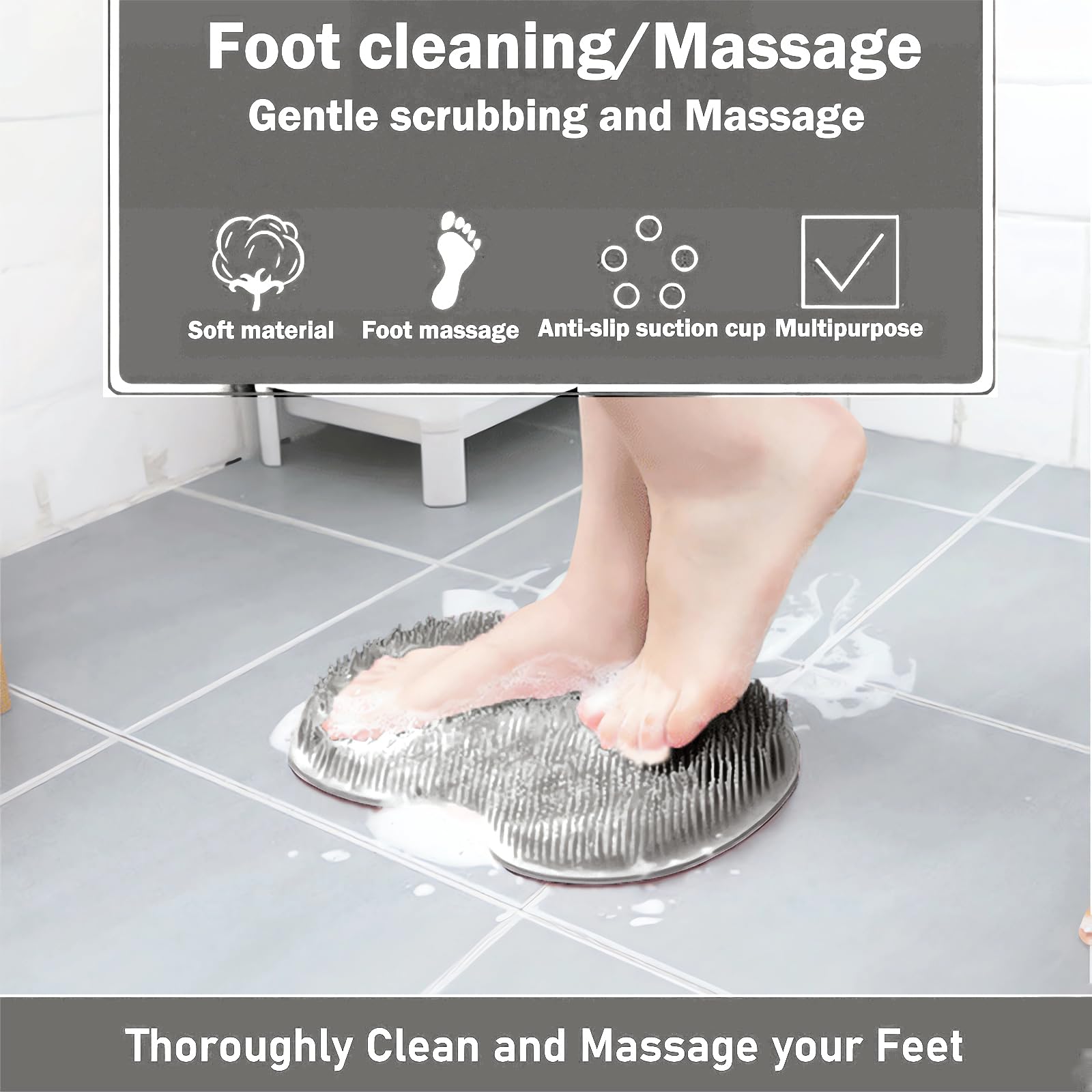 Easkite Shower Foot & Back Scrubber Mat — Wall Mounted Silicone Foot Cleaner with Suction Cups (Grey & Blue)