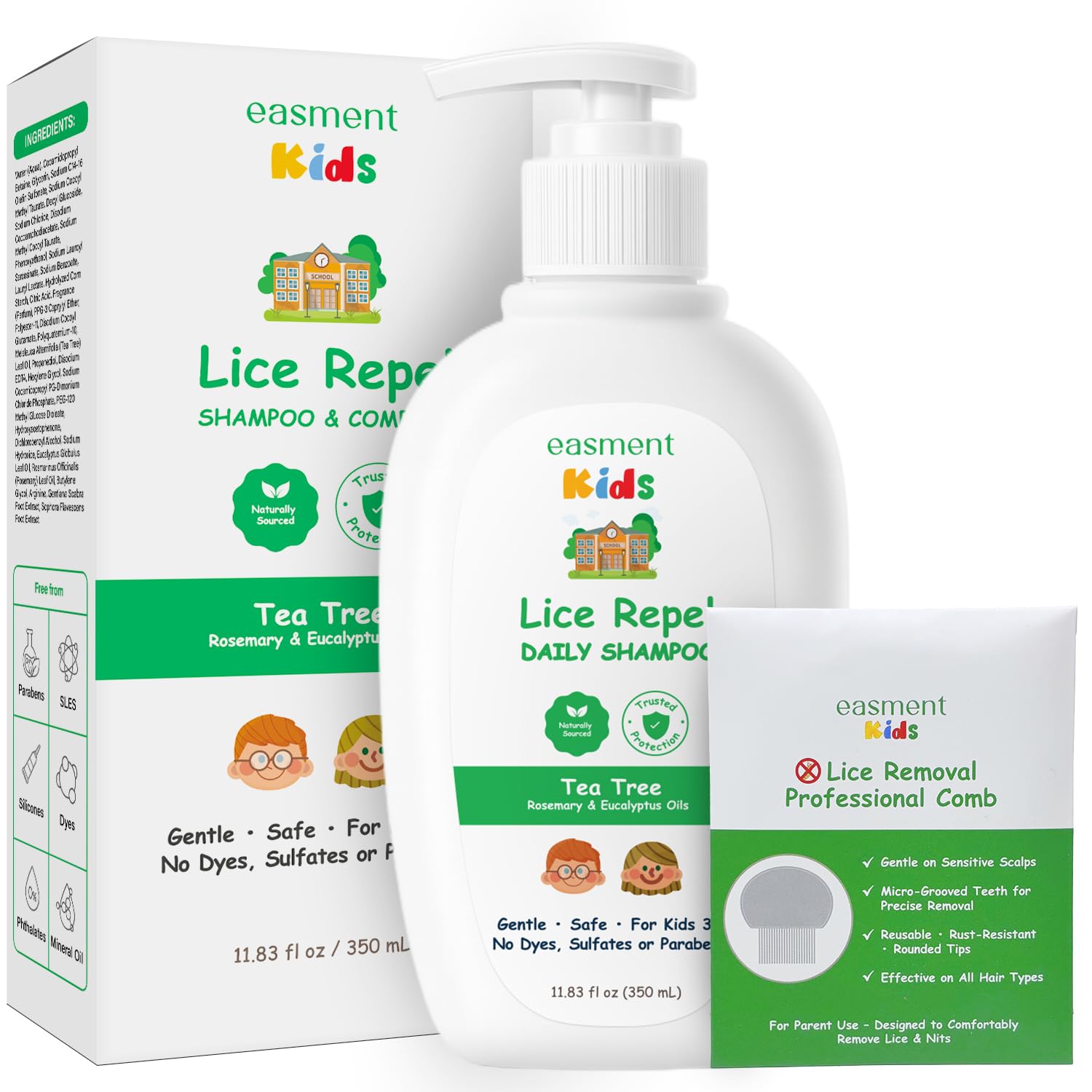 Easment Lice Shampoo & Comb Kit for Kids — Tea Tree & Rosemary Oils, Pump Bottle, 3+