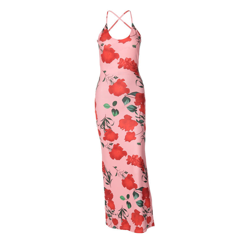 Fashion Printed Sexy Backless U-neck Slim Strap Dress