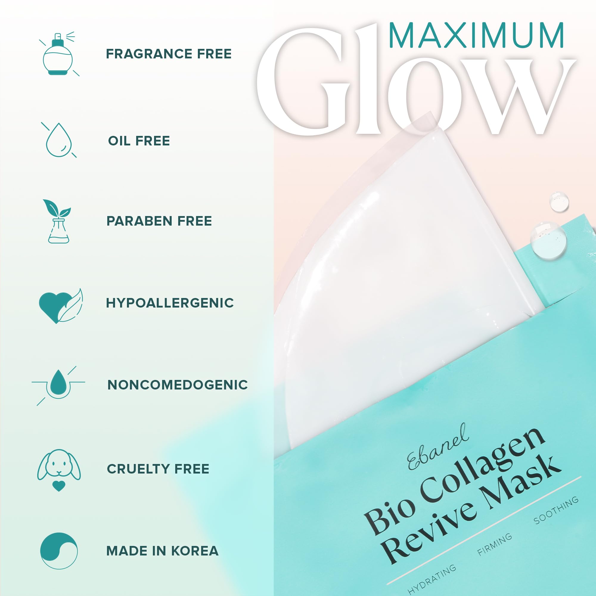 Ebanel Bio Collagen Mask – 4-Pack Hydrating Hydrogel Masks with 7 Peptides & Hyaluronic Acid