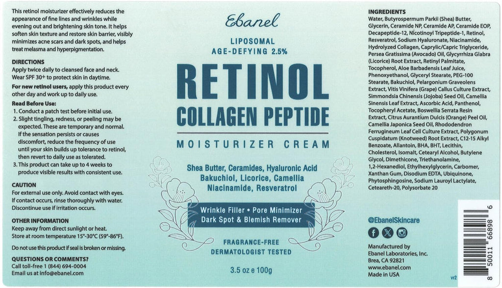 Ebanel Retinol Cream for Face – 3.5 oz with Collagen, Peptides, Ceramides, Hyaluronic Acid