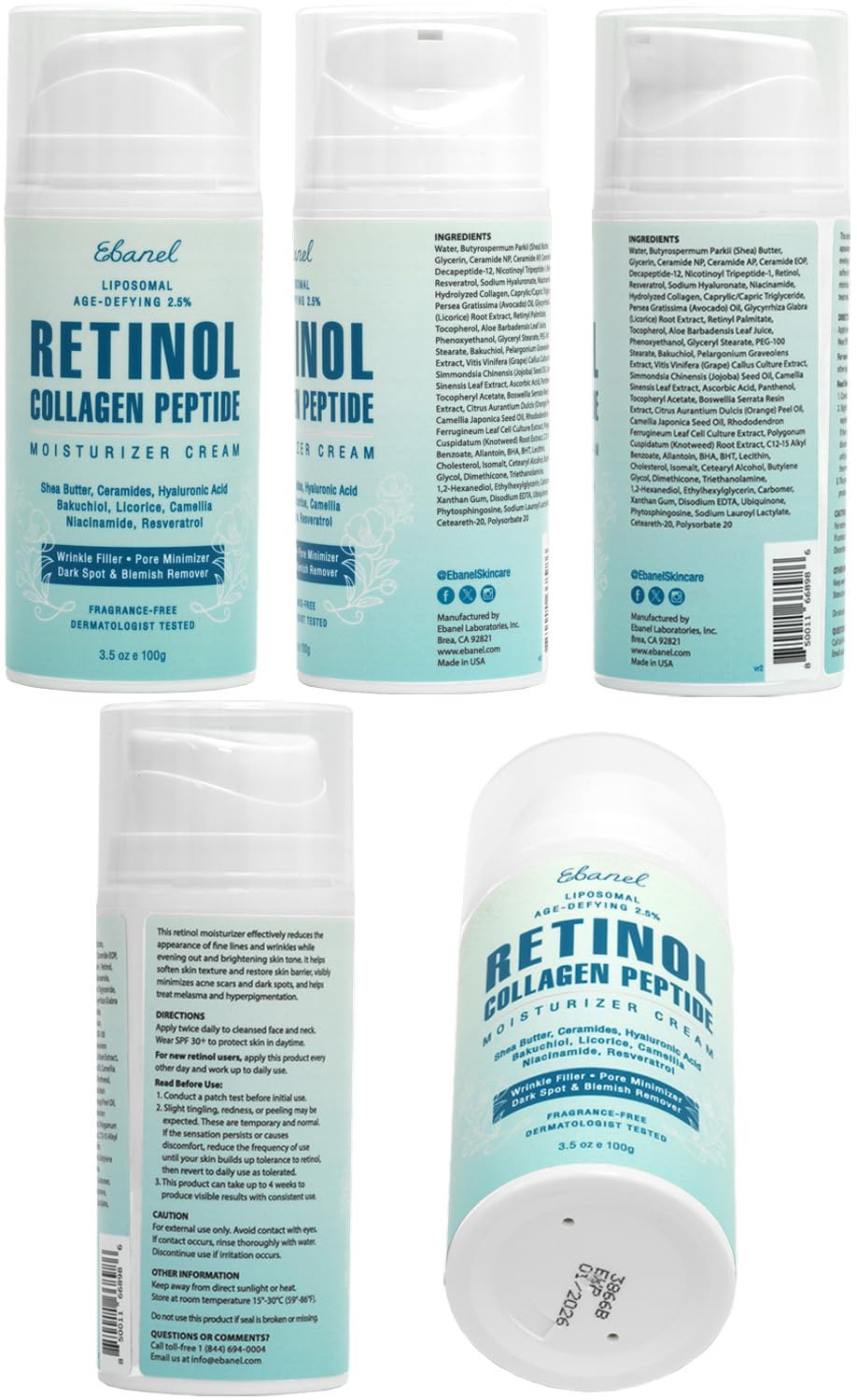Ebanel Retinol Cream for Face – 3.5 oz with Collagen, Peptides, Ceramides, Hyaluronic Acid