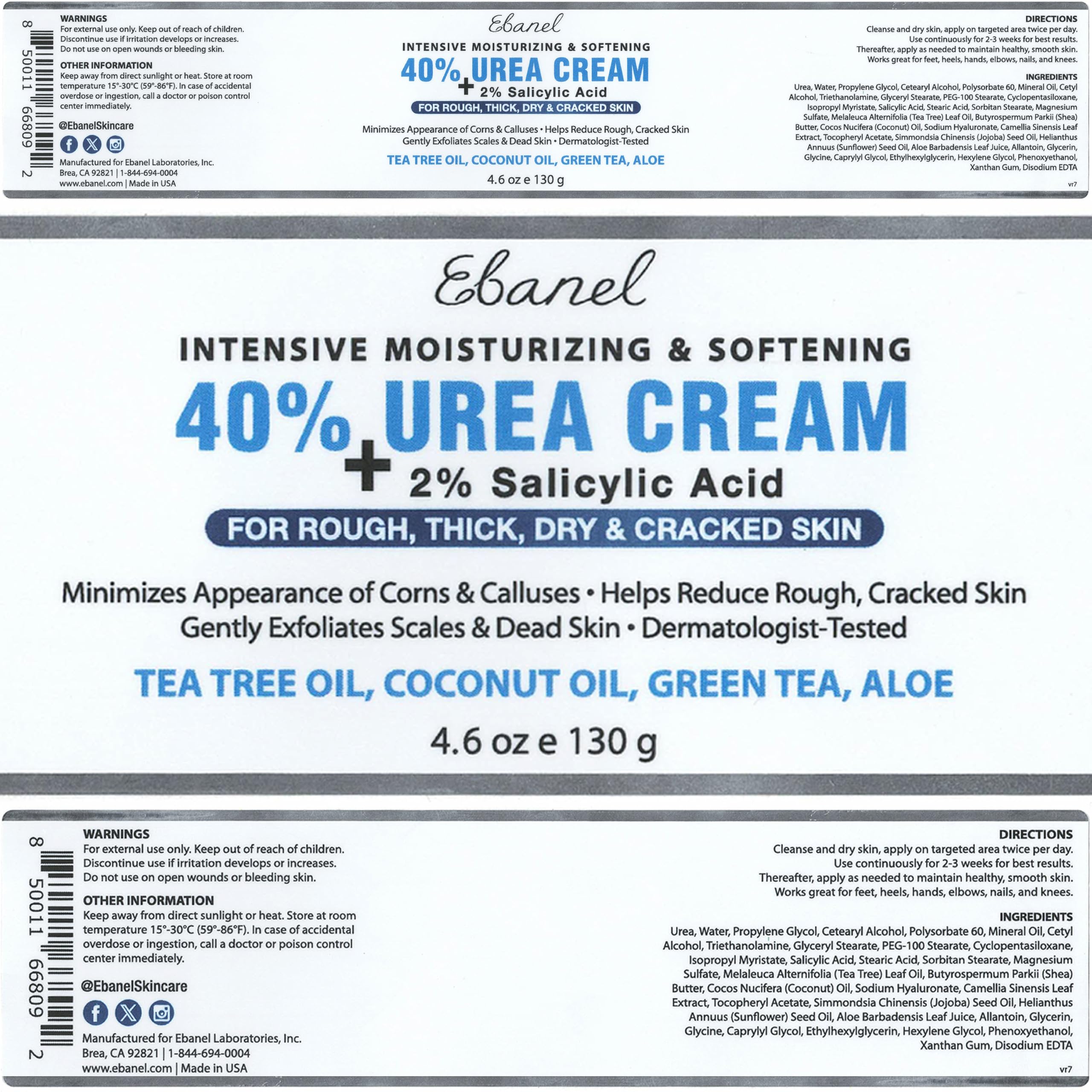 Ebanel Urea Cream 40% + 2% Salicylic Acid – Foot & Skin Keratolytic Care (2-Pack)