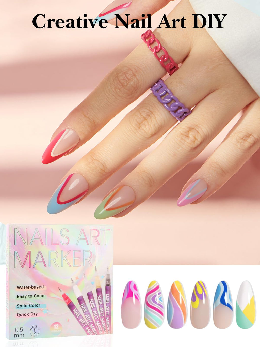EBANKU 12 Colors Nail Art Pens - 0.5mm Fine Tip Quick-Drying Nail Polish for Home & Salon
