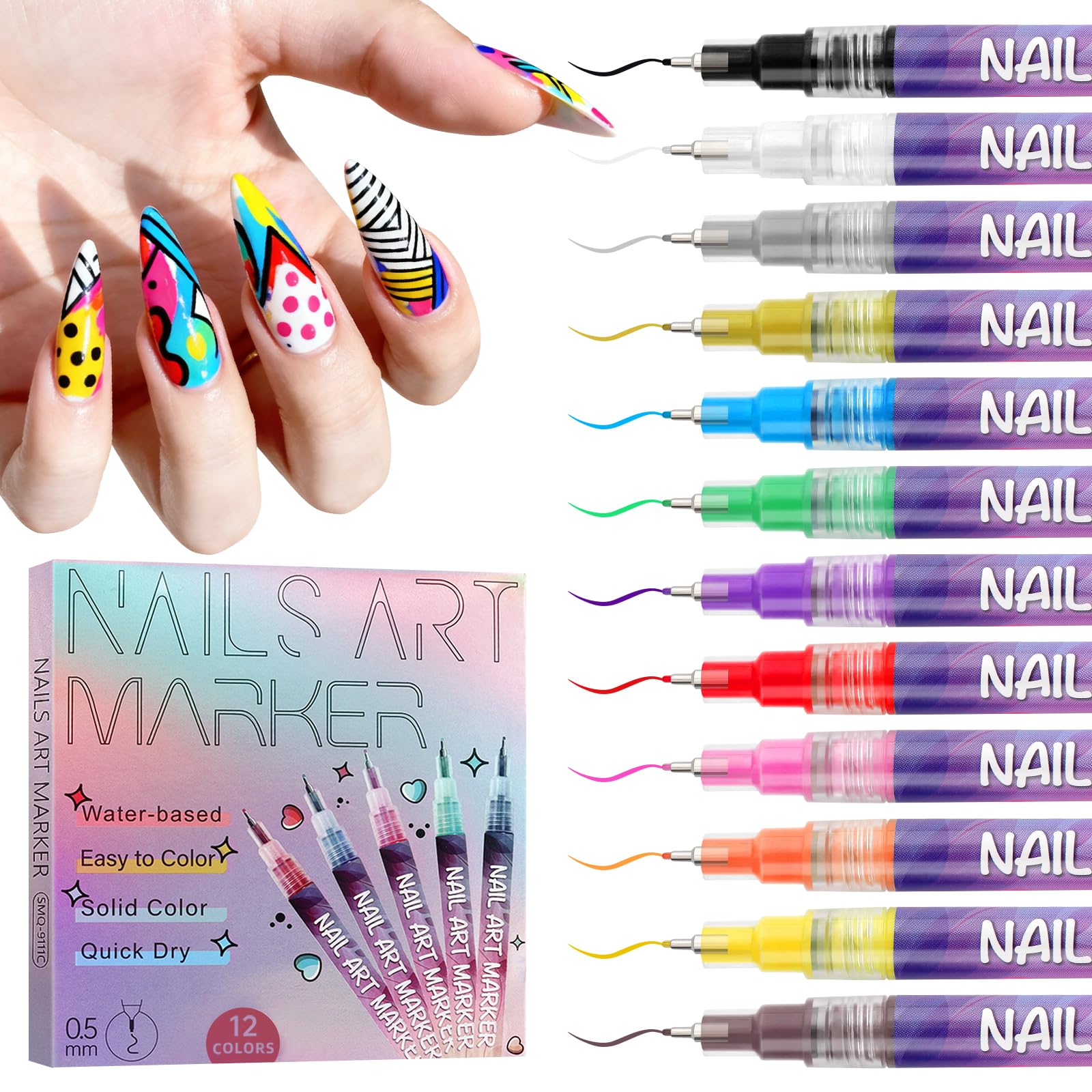 EBANKU 12 Colors Nail Art Pens Set – Quick-Drying Acrylic Nail Art Pens for Home & Salon