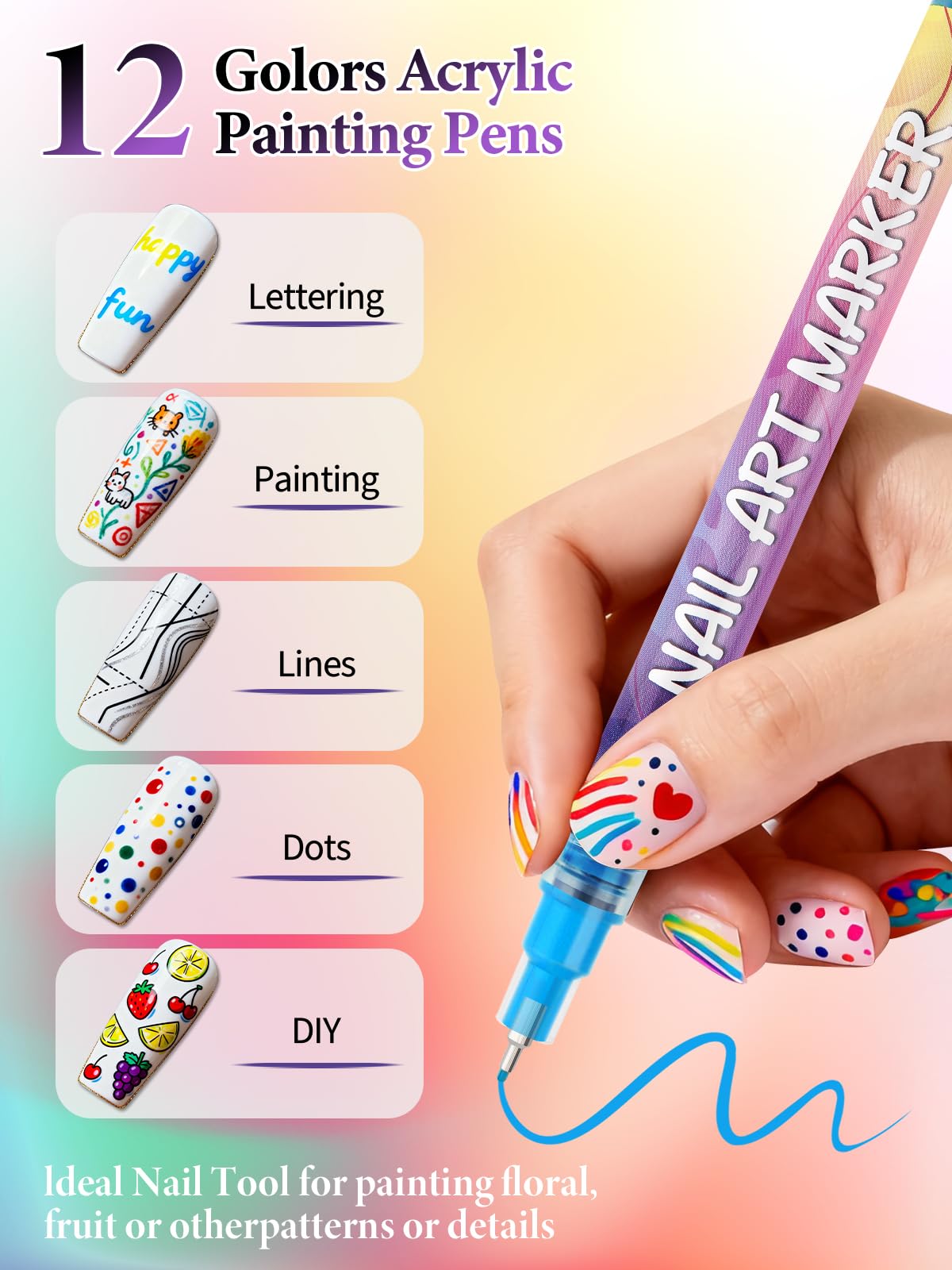 EBANKU 12 Colors Nail Art Pens Set – Quick-Drying Acrylic Nail Art Pens for Home & Salon