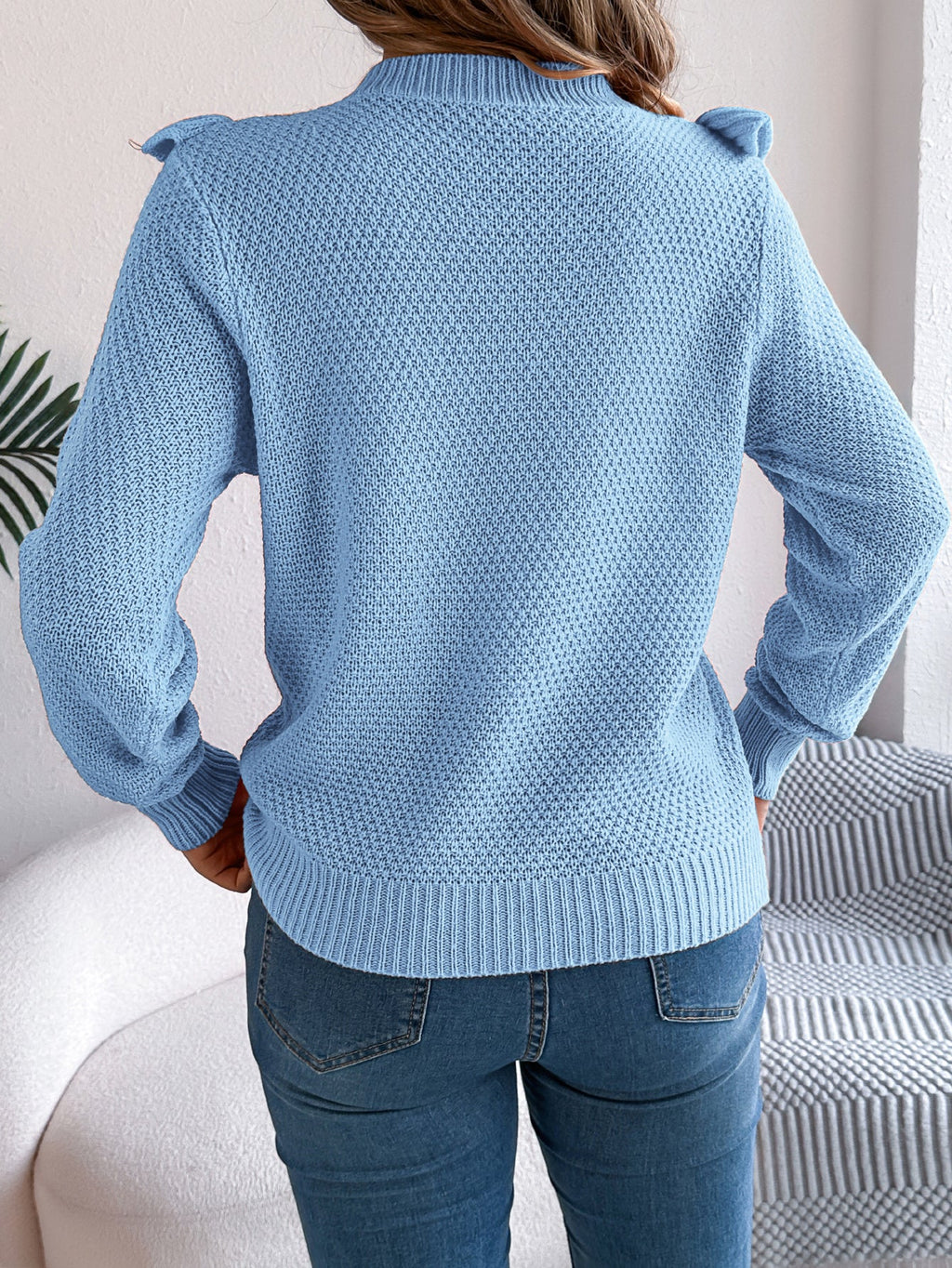 Women Elegant Solid Color Ruffled Long Sleeve Pullover Sweater