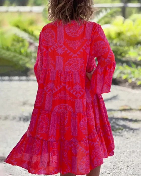 V-neck Flared Sleeve Cake Style Patchwork Dress