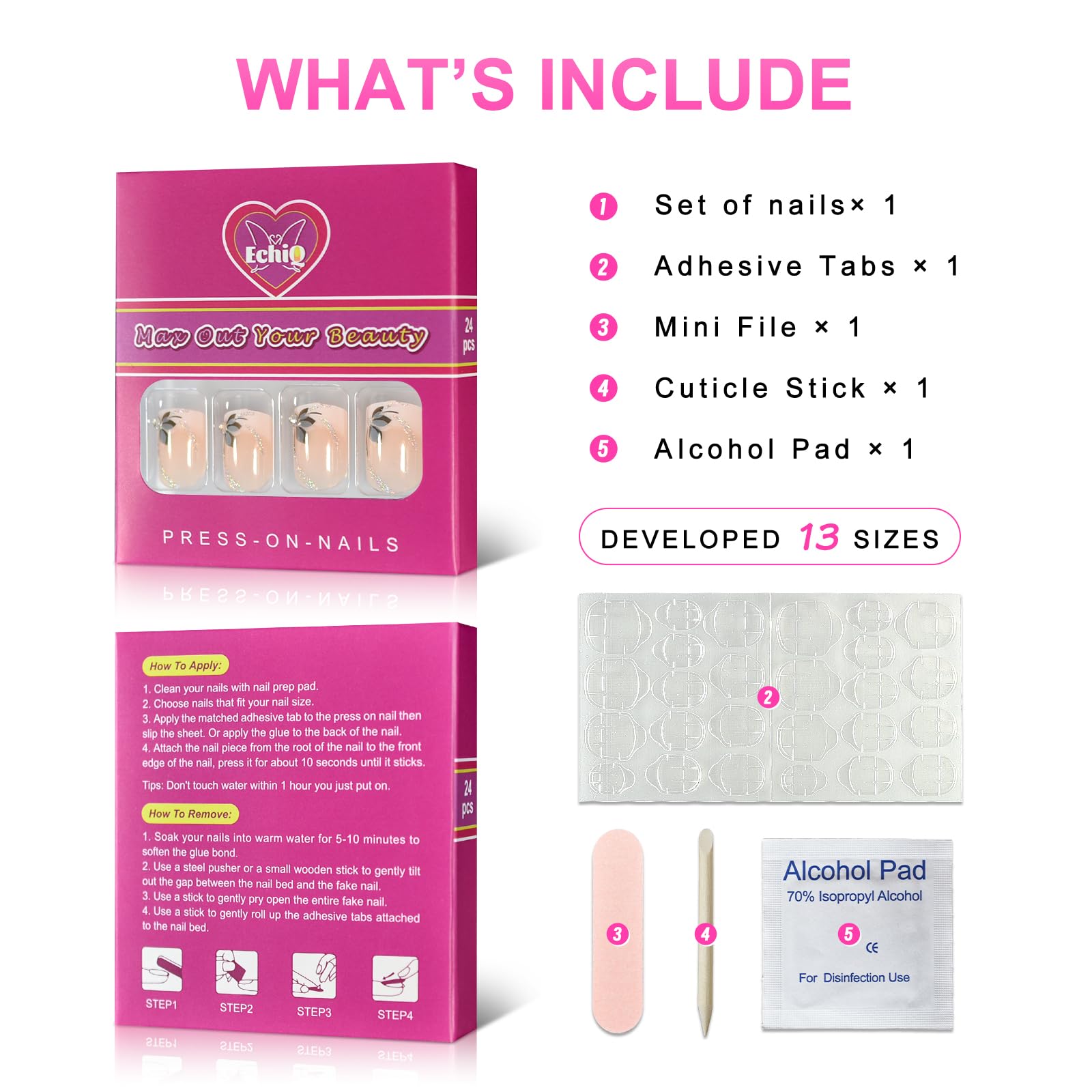 EchiQ Flowers Short Round Press-On Nails – Natural Design & Gel Polish DIY