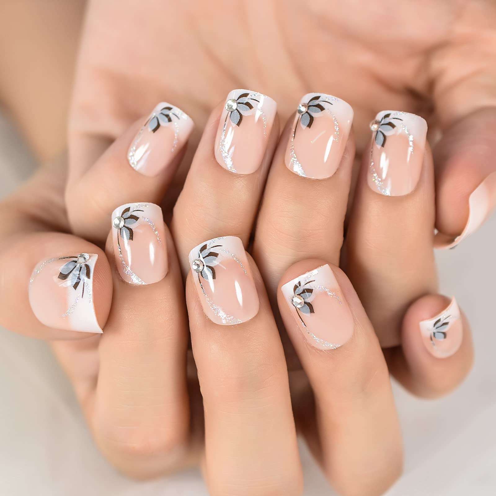 EchiQ Flowers Short Round Press-On Nails – Natural Design & Gel Polish DIY