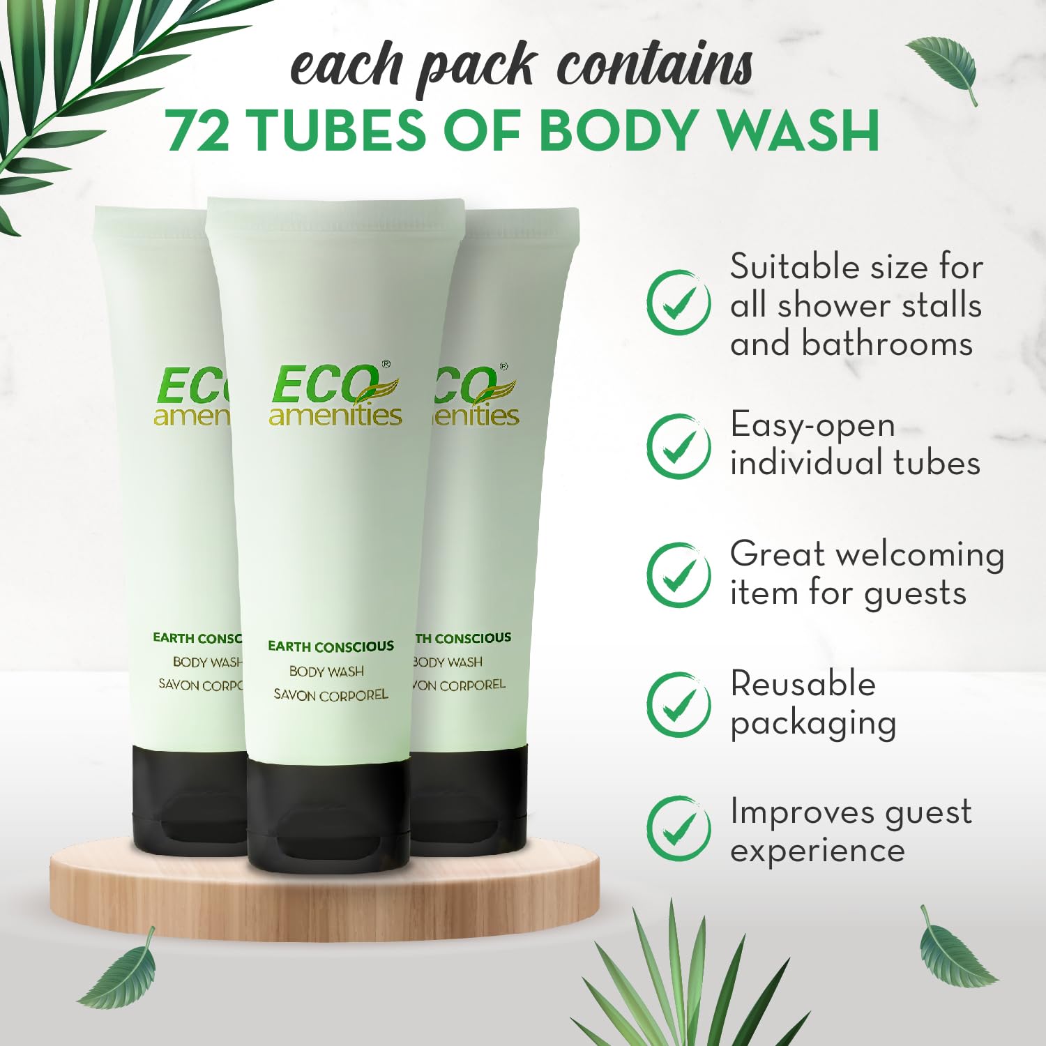 ECO Amenities Body Wash Tubes - Leak-Proof Travel Toiletries, 72-Pack, Green Tea Scent