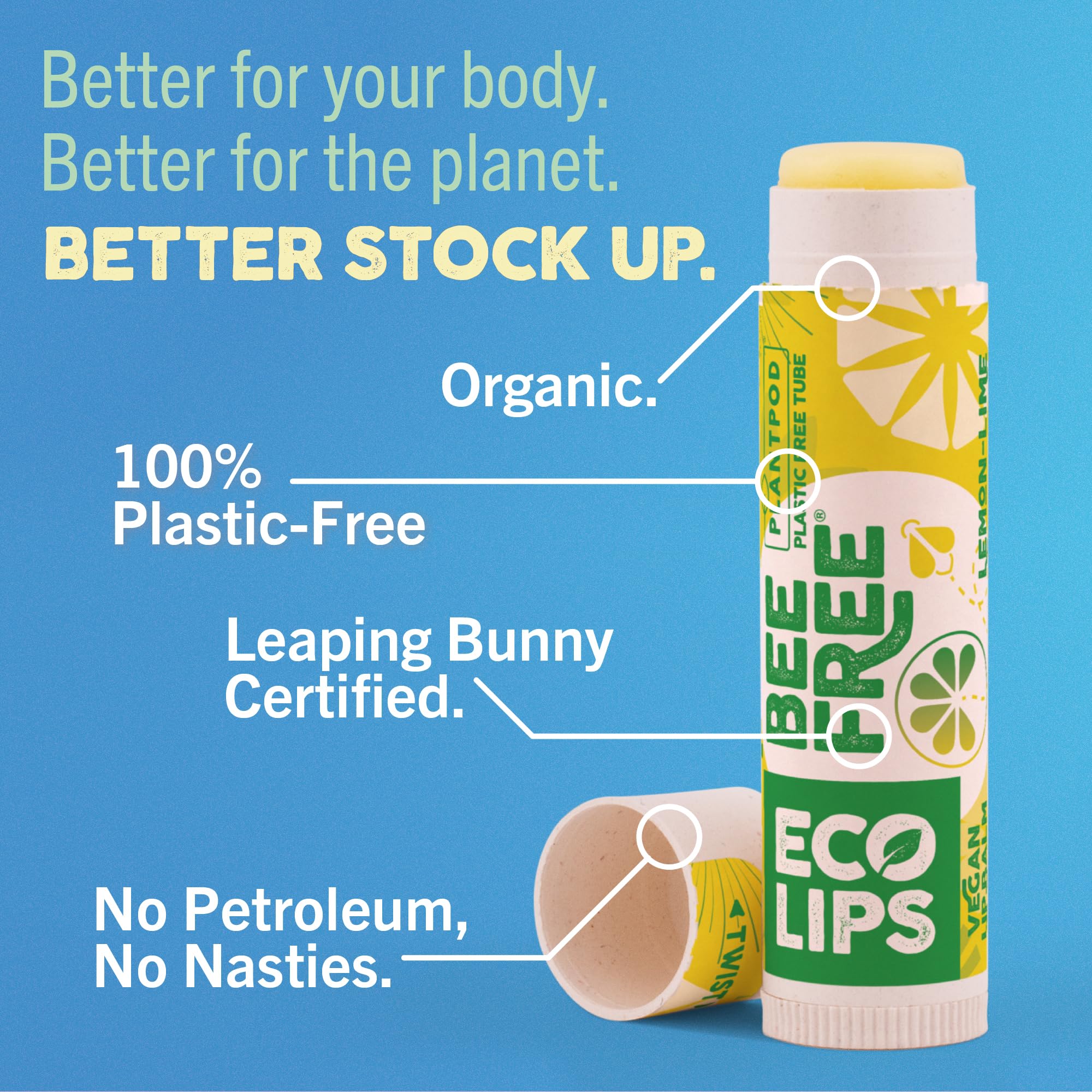 Eco Lips Vegan Lip Balm Sweet Mint – 3 Pack | Plastic-Free Plant Pod, Made in USA