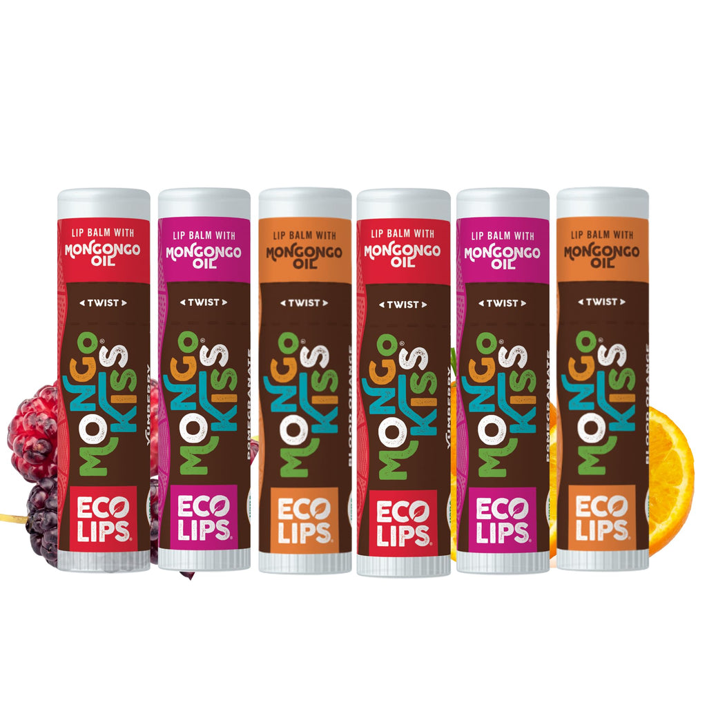 Mongo Kiss Organic Lip Balm 6-Pack by Eco Lips – 100% Organic Beeswax & Cocoa Butter Lip Care with Mongongo Oil (Pomegranate, Yumberry, Blood Orange) – Made in USA