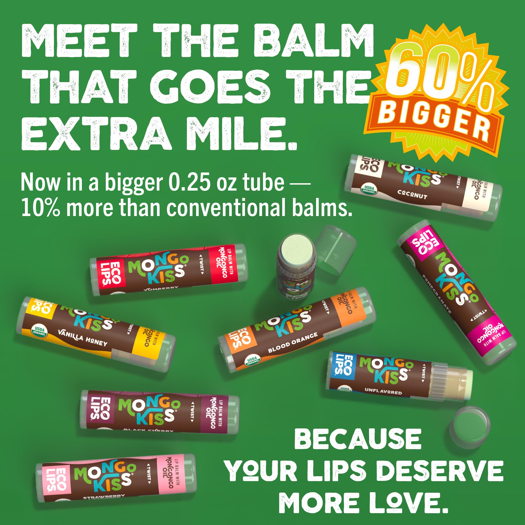 Mongo Kiss Organic Lip Balm 6-Pack by Eco Lips – 100% Organic Beeswax & Cocoa Butter Lip Care with Mongongo Oil (Pomegranate, Yumberry, Blood Orange) – Made in USA