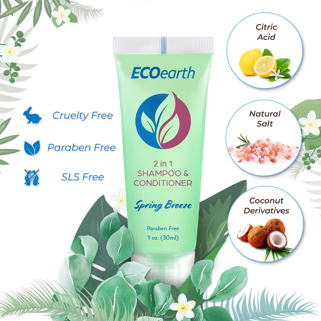 EcoEarth Travel Size 2-in-1 Shampoo & Conditioner – Spring Breeze, 1 oz, 200 Pack