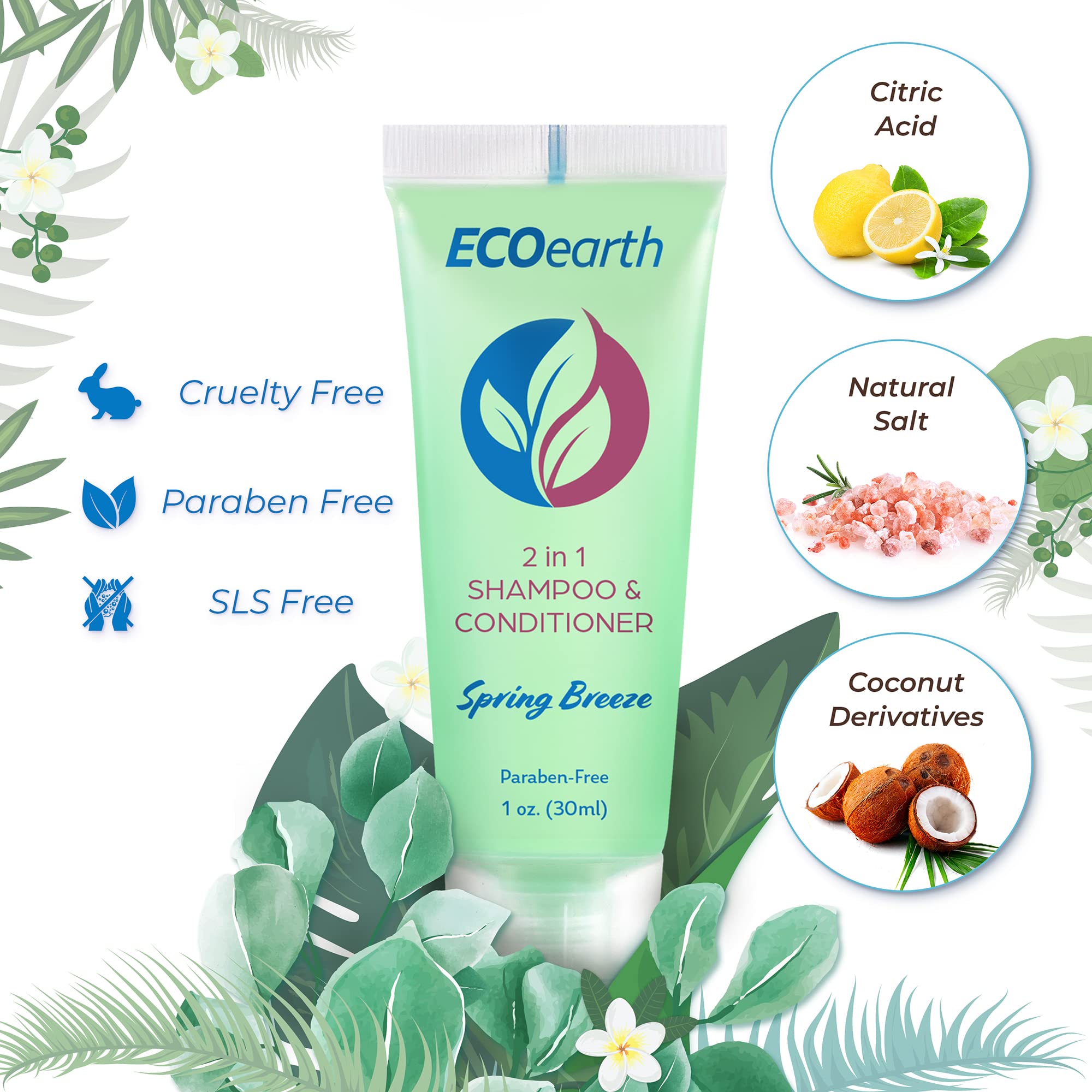 EcoEarth Travel Size 2-in-1 Shampoo & Conditioner – Spring Breeze, 1 oz, 200 Pack