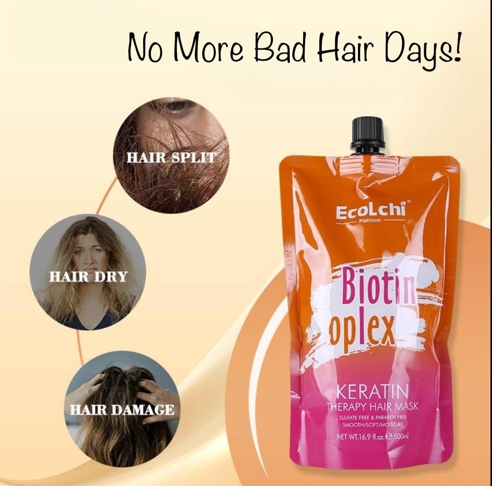 EcoLchi Biotin Oplex Keratin Hair Mask – XL 16.9 oz for Dry, Frizzy Hair