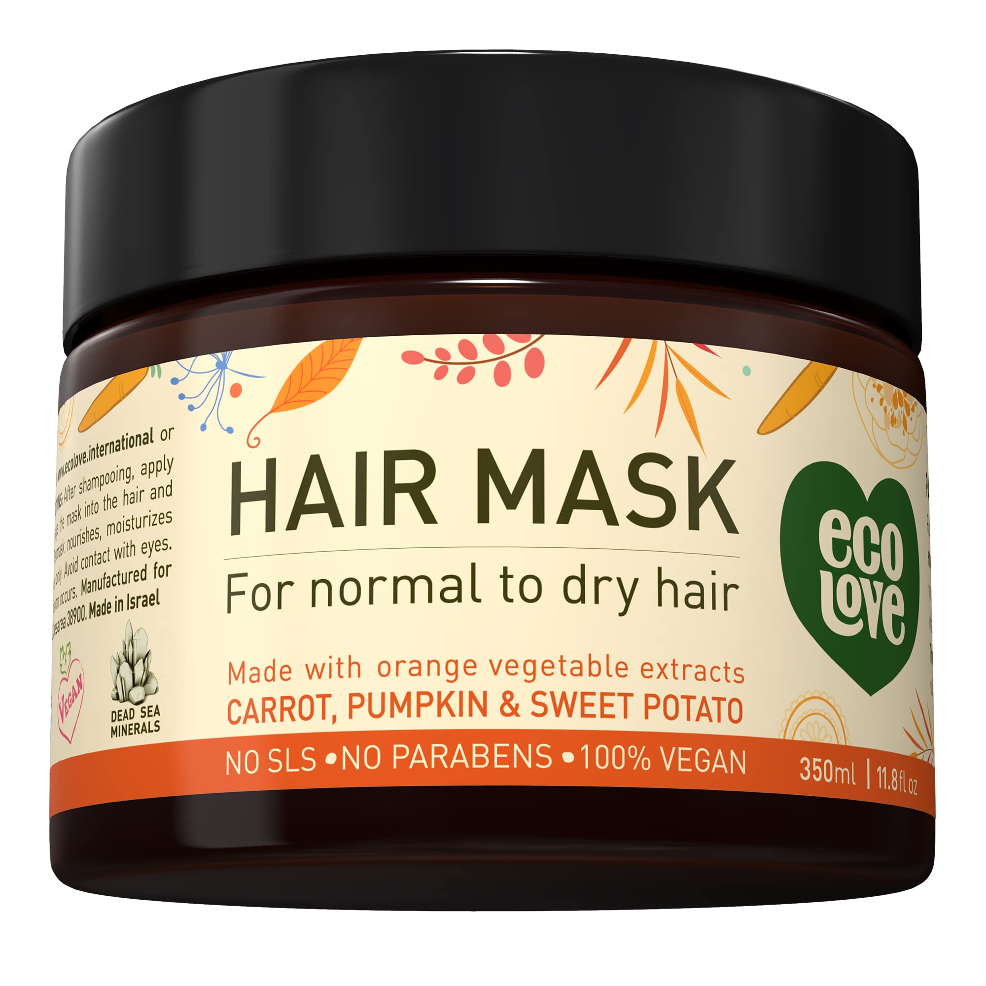ecoLove Hair Mask for Dry, Damaged, and Curly Hair – Deep Conditioning with Carrot & Pumpkin Extract (11.8 oz) | Vegan & Cruelty-Free