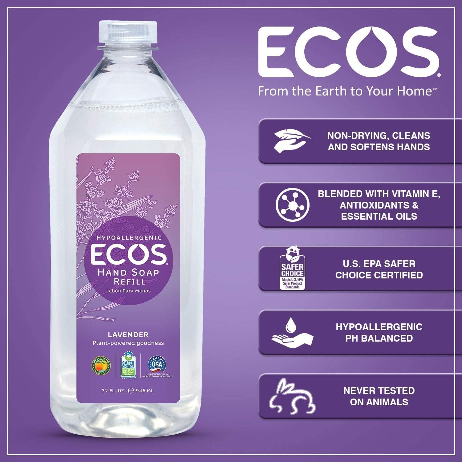 ECOS Lavender Hand Soap Refill (2 Pack, 32 oz Each) – Plant-Based, Gentle & Hydrating