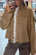 Taupe Lace Trim Loose Cardigan Women UK