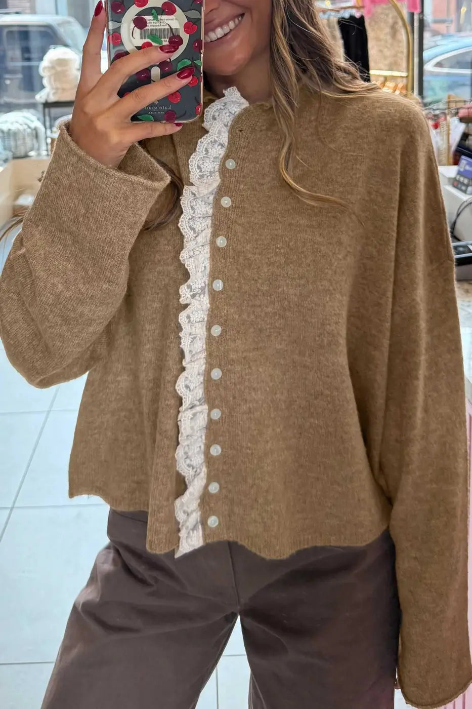 Taupe Lace Trim Loose Cardigan Women UK