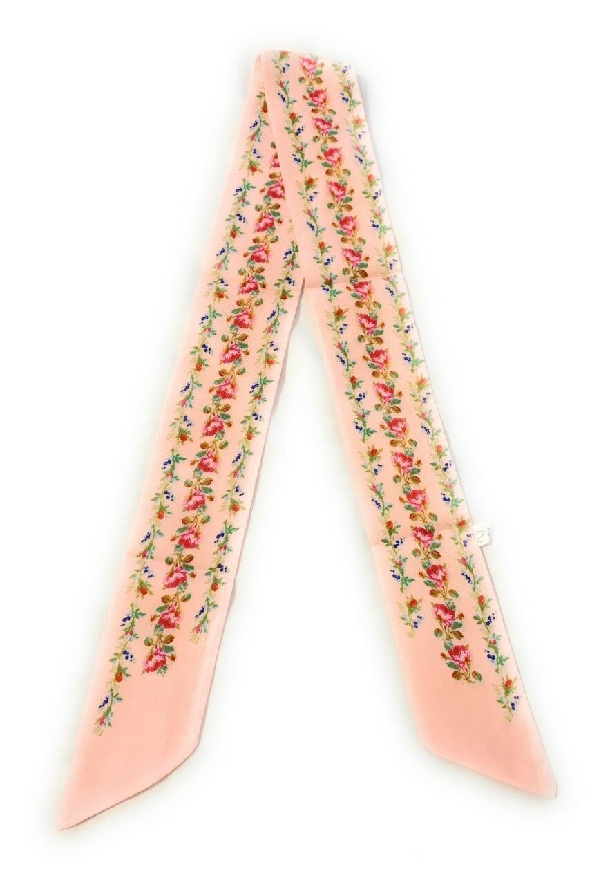 Womens 90cm Long Reversible Skinny Scarf Faux Silk Head Scarves Bag Charm Bow[Peach Fuchsia Pink Flowers]