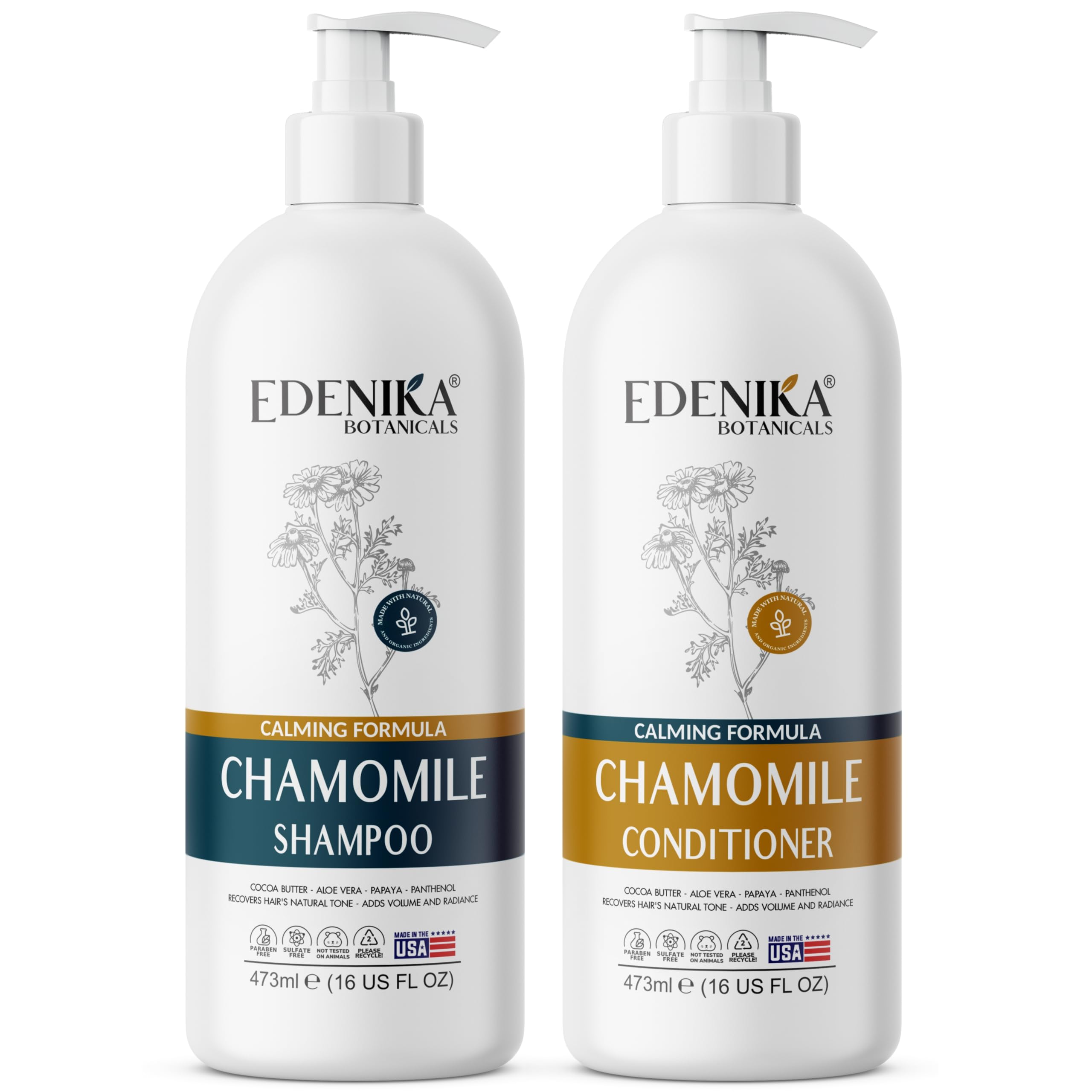 Edenika Botanicals Chamomile Shampoo & Conditioner Set – Calming Formula, Certified Organic Ingredients, 16 oz Each