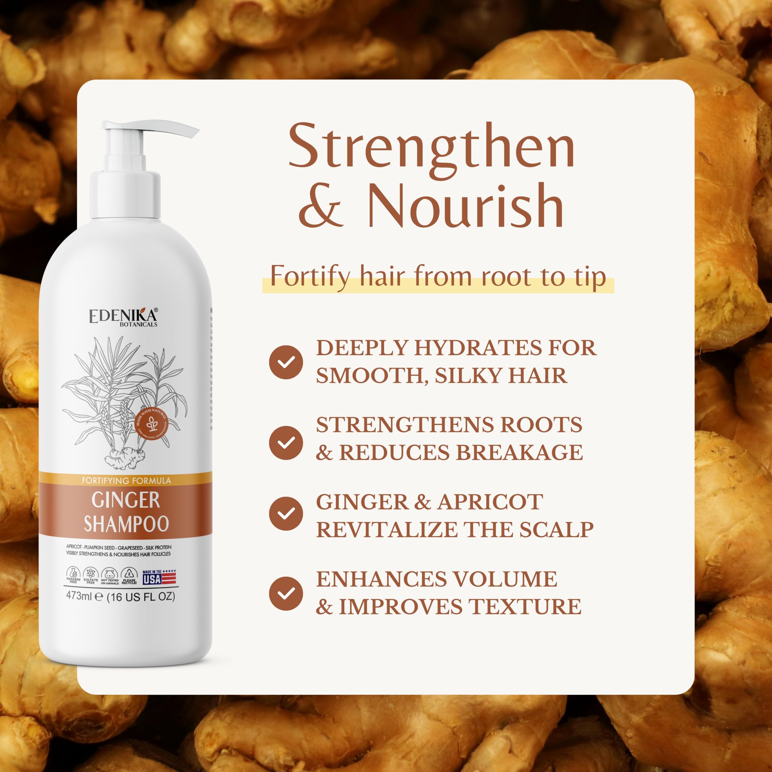 Edenika Botanicals Ginger Root Shampoo with Biotin – Fortifying, Nourishing, Paraben-Free, 16 oz