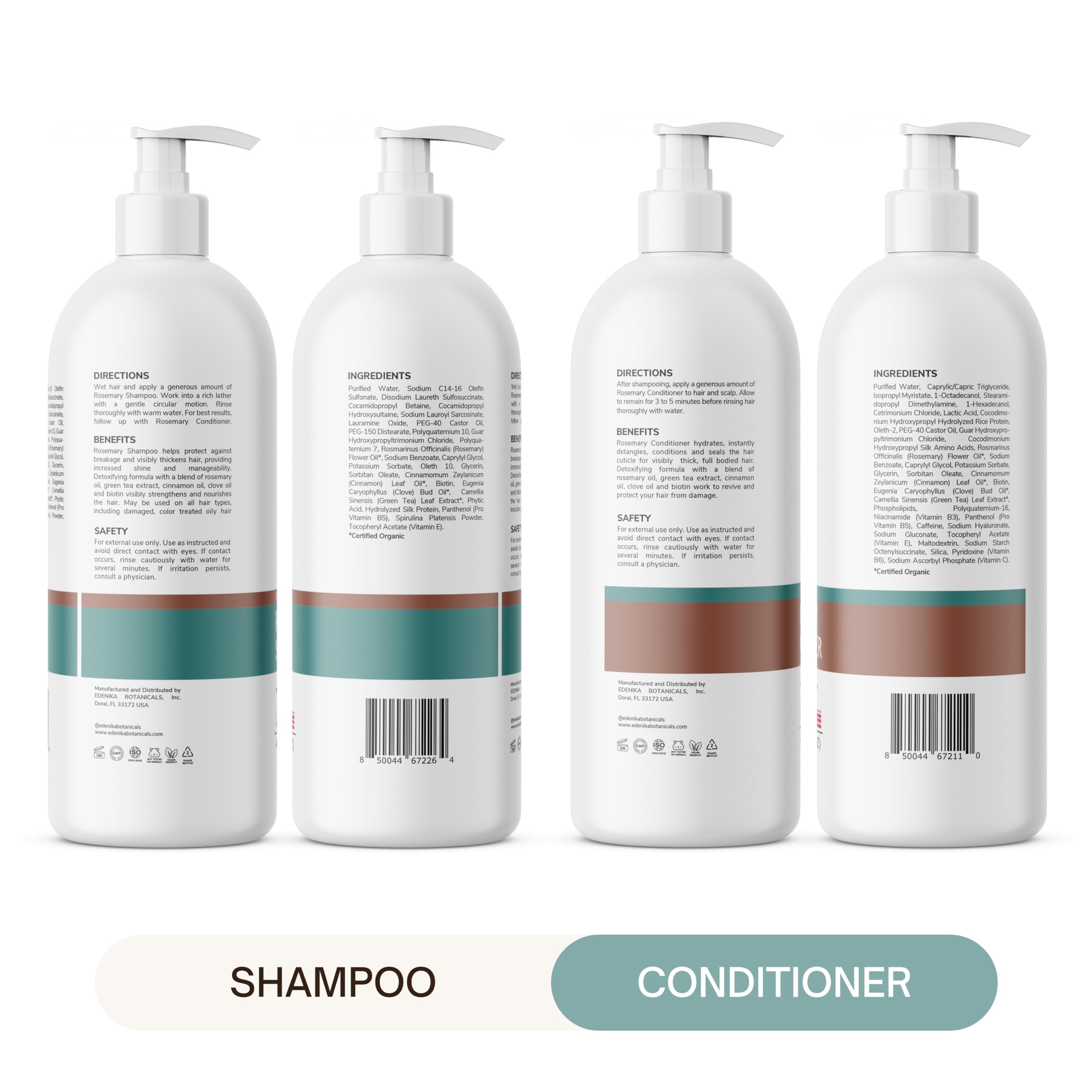 Edenika Botanicals Rosemary Shampoo & Conditioner Set with Biotin – Thinning Hair Support, Organic & Sulfate-Free (16 oz Each)