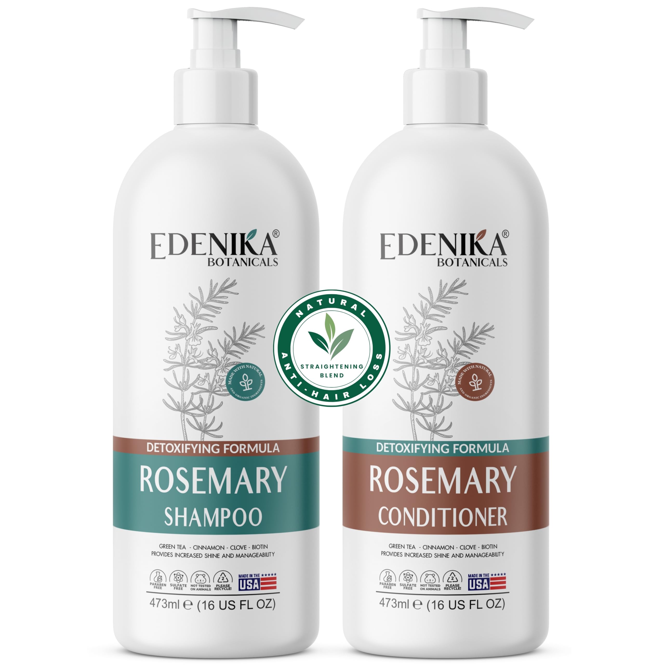 Edenika Botanicals Rosemary Shampoo & Conditioner Set with Biotin – Thinning Hair Support, Organic & Sulfate-Free (16 oz Each)