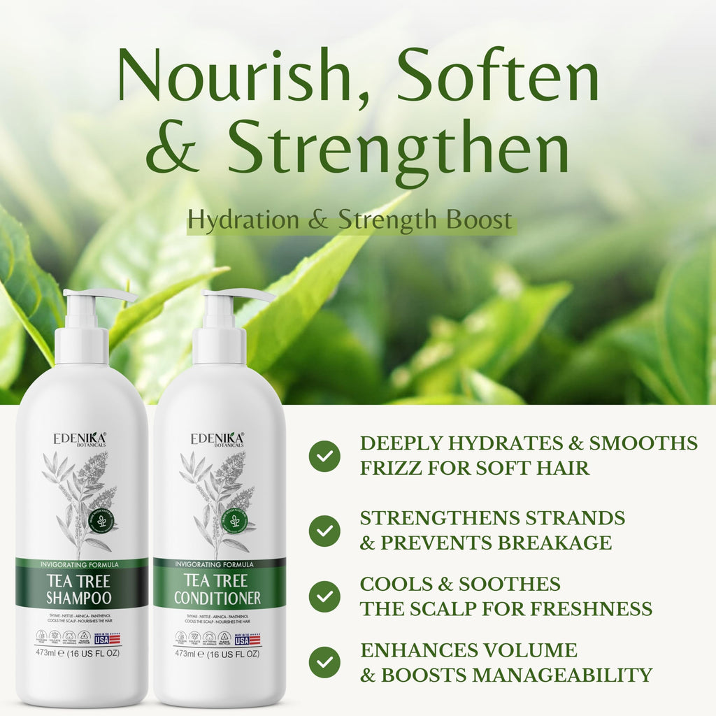 EDENIKA BOTANICALS Tea Tree Shampoo & Conditioner – Soothes Scalp & Deep Cleansing (16 oz each)