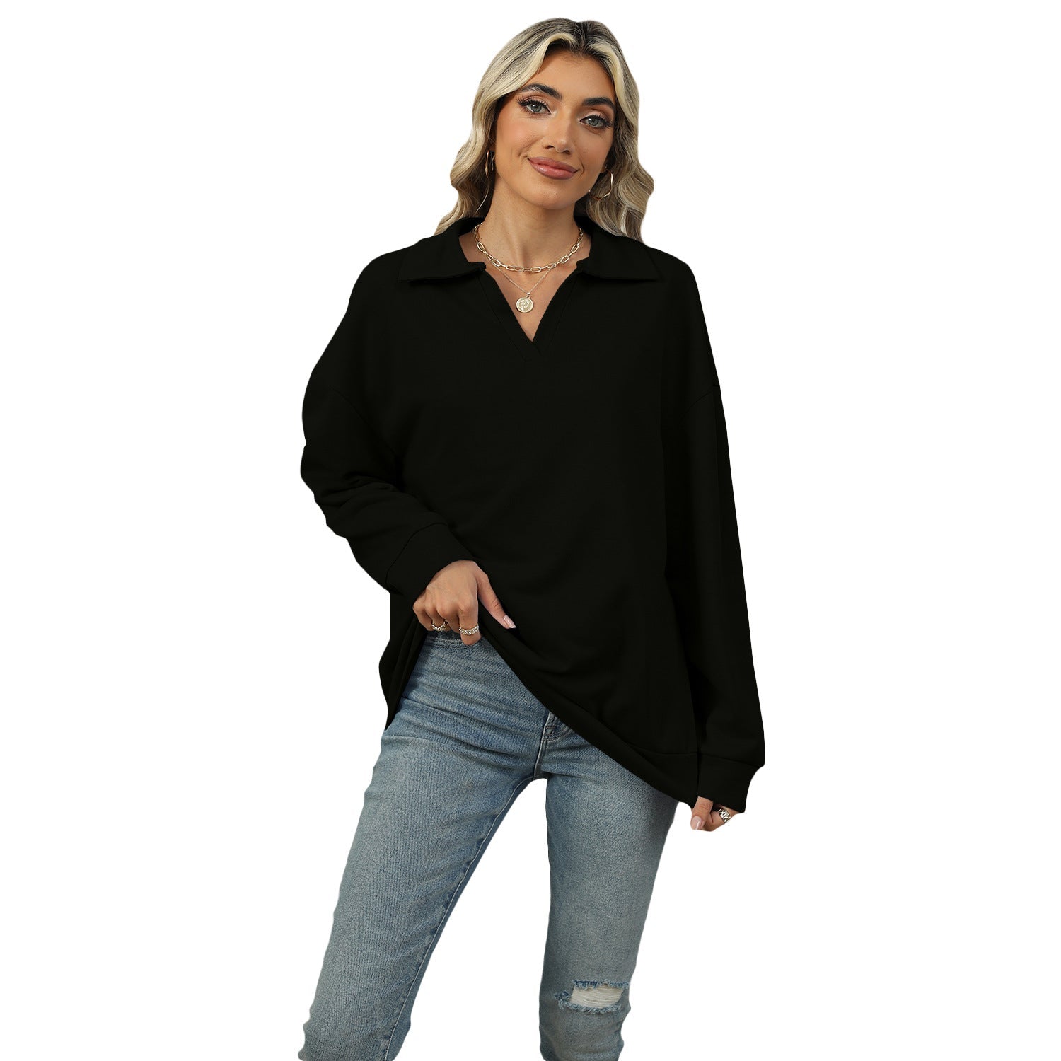 Solid Color Polo Collar Loose Long Sleeve Sweatershirt Coat