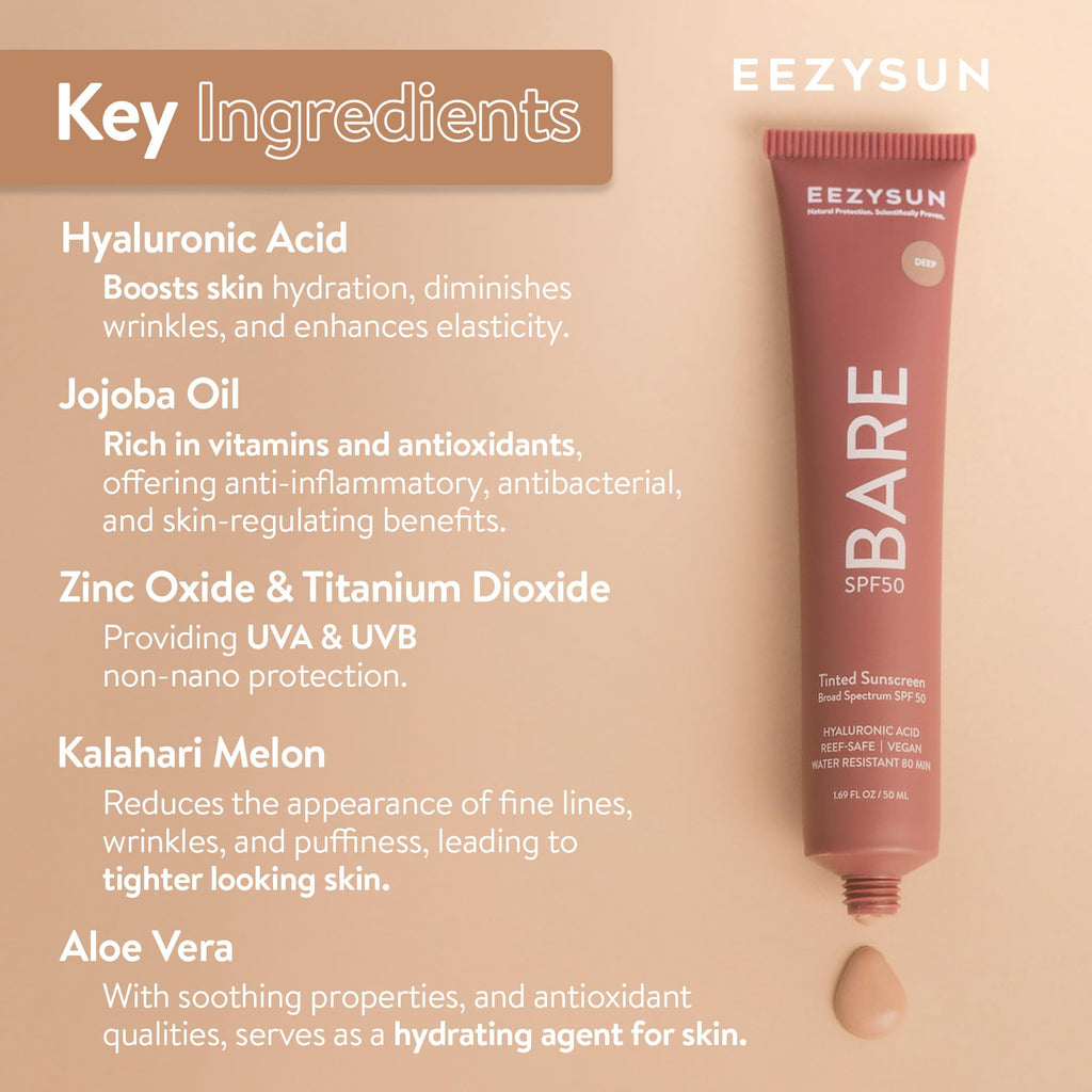EEZYSUN BARE Tinted Sunscreen SPF 50 – Non-Greasy, Water-Resistant, Vegan & Reef-Safe (Deep)