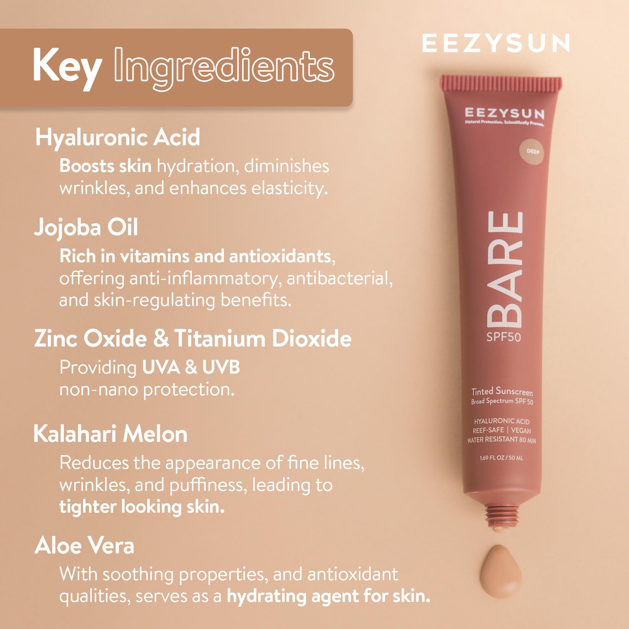EEZYSUN BARE Tinted Sunscreen SPF 50 – Non-Greasy, Water-Resistant, Vegan & Reef-Safe (Deep)