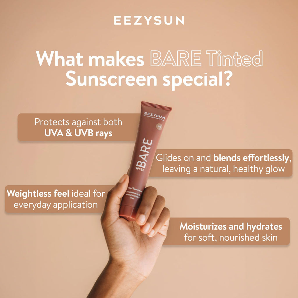 EEZYSUN BARE Tinted Sunscreen SPF 50 – Non-Greasy, Water-Resistant, Vegan & Reef-Safe (Deep)
