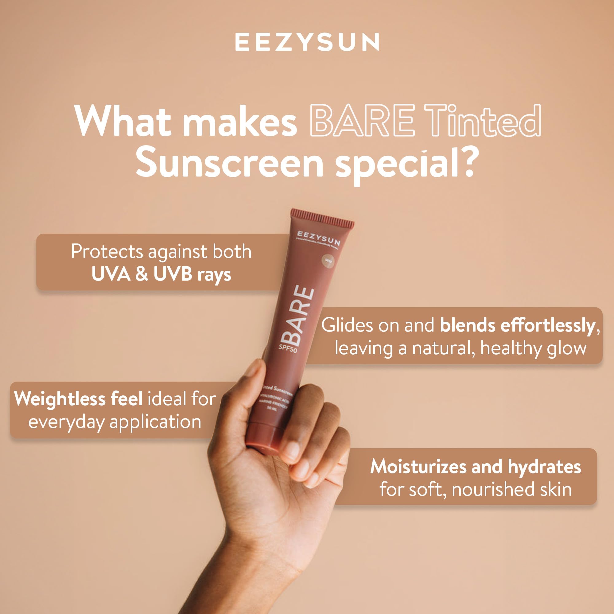 EEZYSUN BARE Tinted Sunscreen SPF 50 – Non-Greasy, Water-Resistant, Vegan & Reef-Safe (Deep)