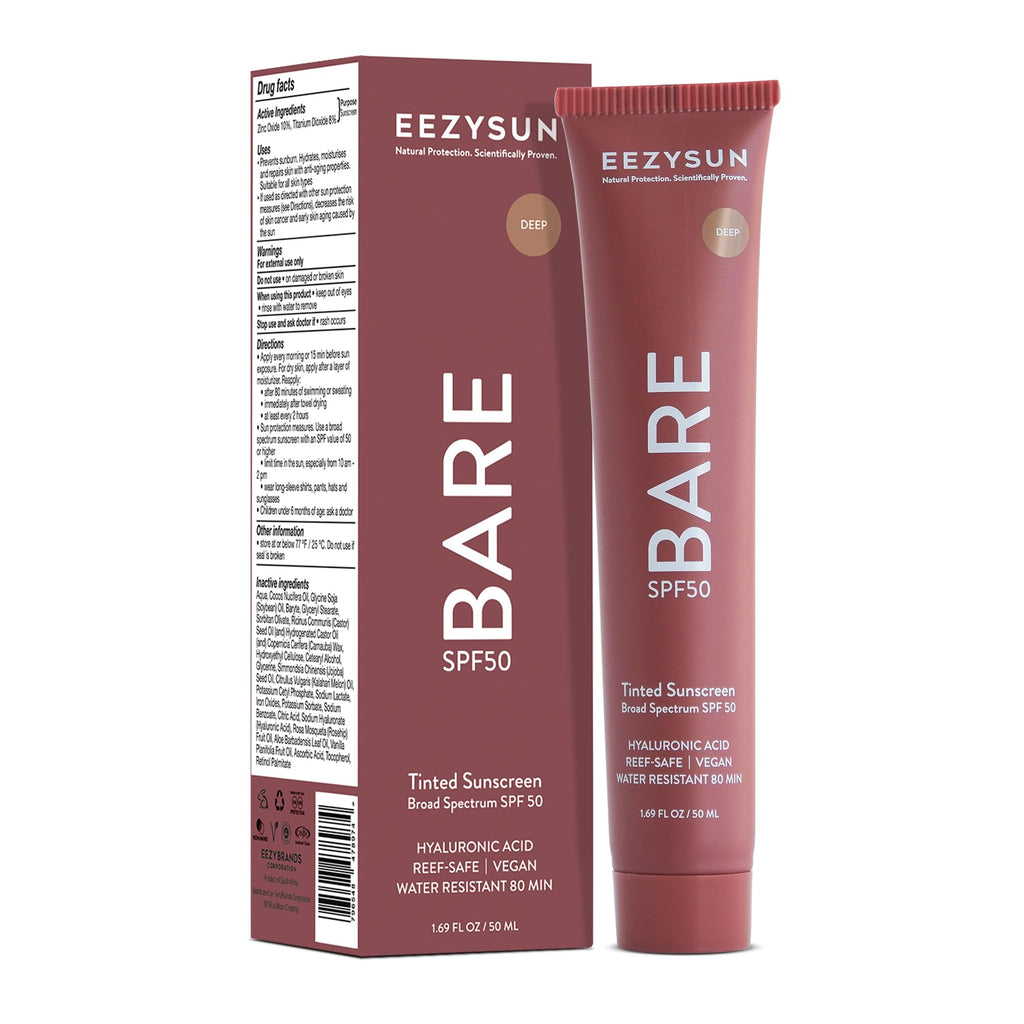 EEZYSUN BARE Tinted Sunscreen SPF 50 – Non-Greasy, Water-Resistant, Vegan & Reef-Safe (Deep)