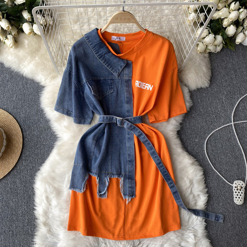 Round Neck Denim Patchwork Dress
