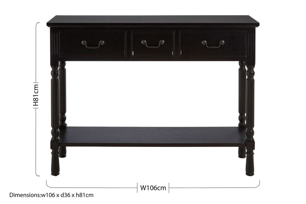 Vintage Black Wooden Three-Drawer Console Table with Bottom Storage Shelf and Carved Spindle Legs | Heritage