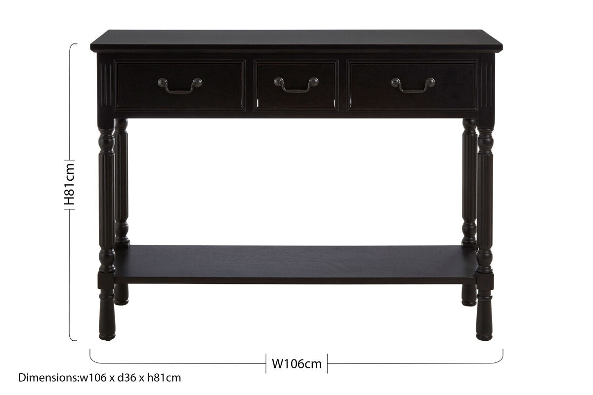 Vintage Black Wooden Three-Drawer Console Table with Bottom Storage Shelf and Carved Spindle Legs | Heritage