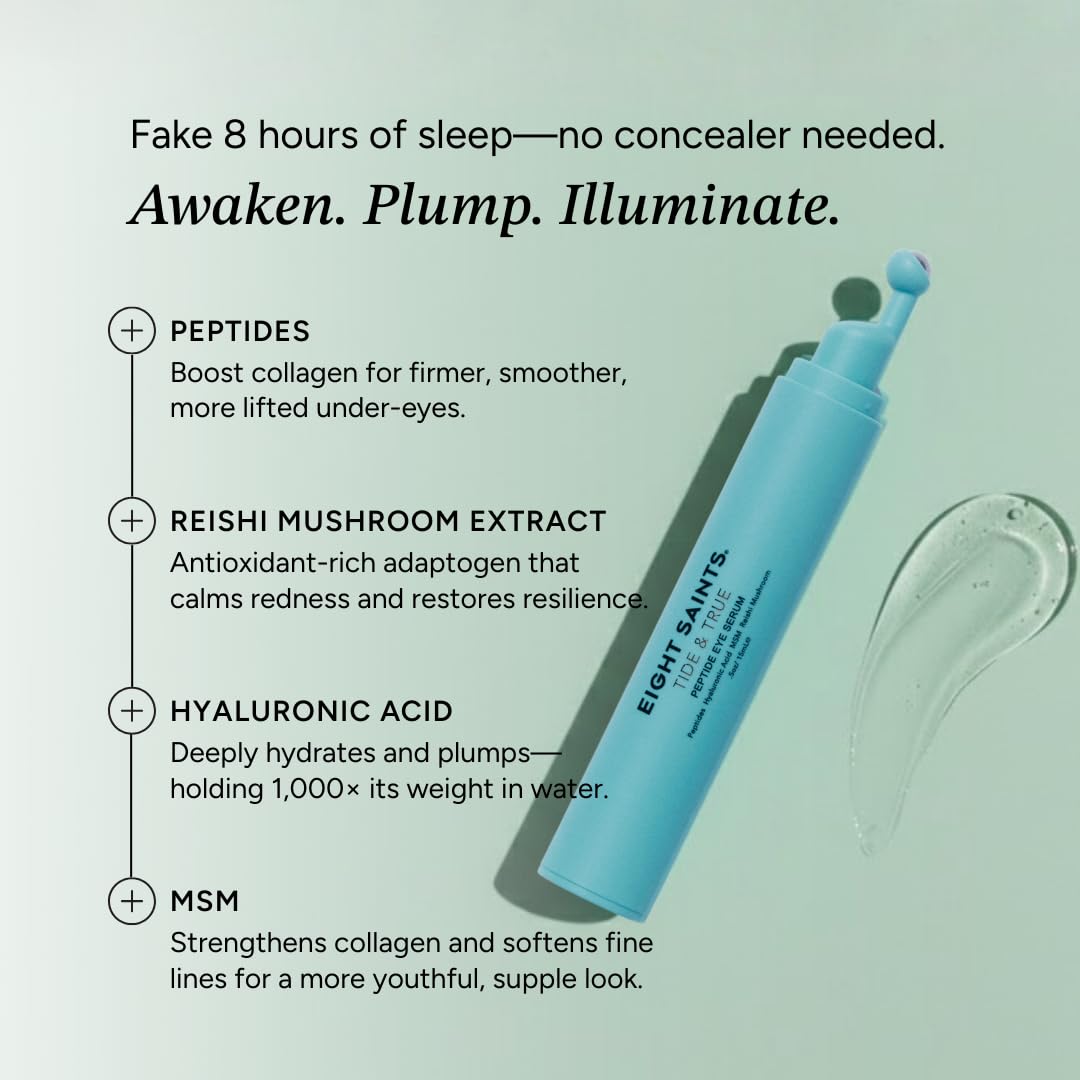 Eight Saints Tide & True Peptide Eye Serum – Under-Eye Roller, Natural & Organic, 0.5 fl oz
