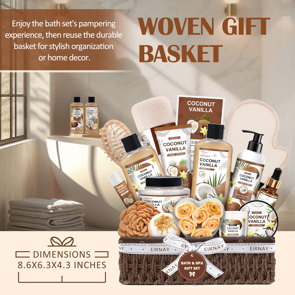 EIRNAY Christmas Gifts for Women — 16-Piece Coconut Vanilla Spa Gift Basket