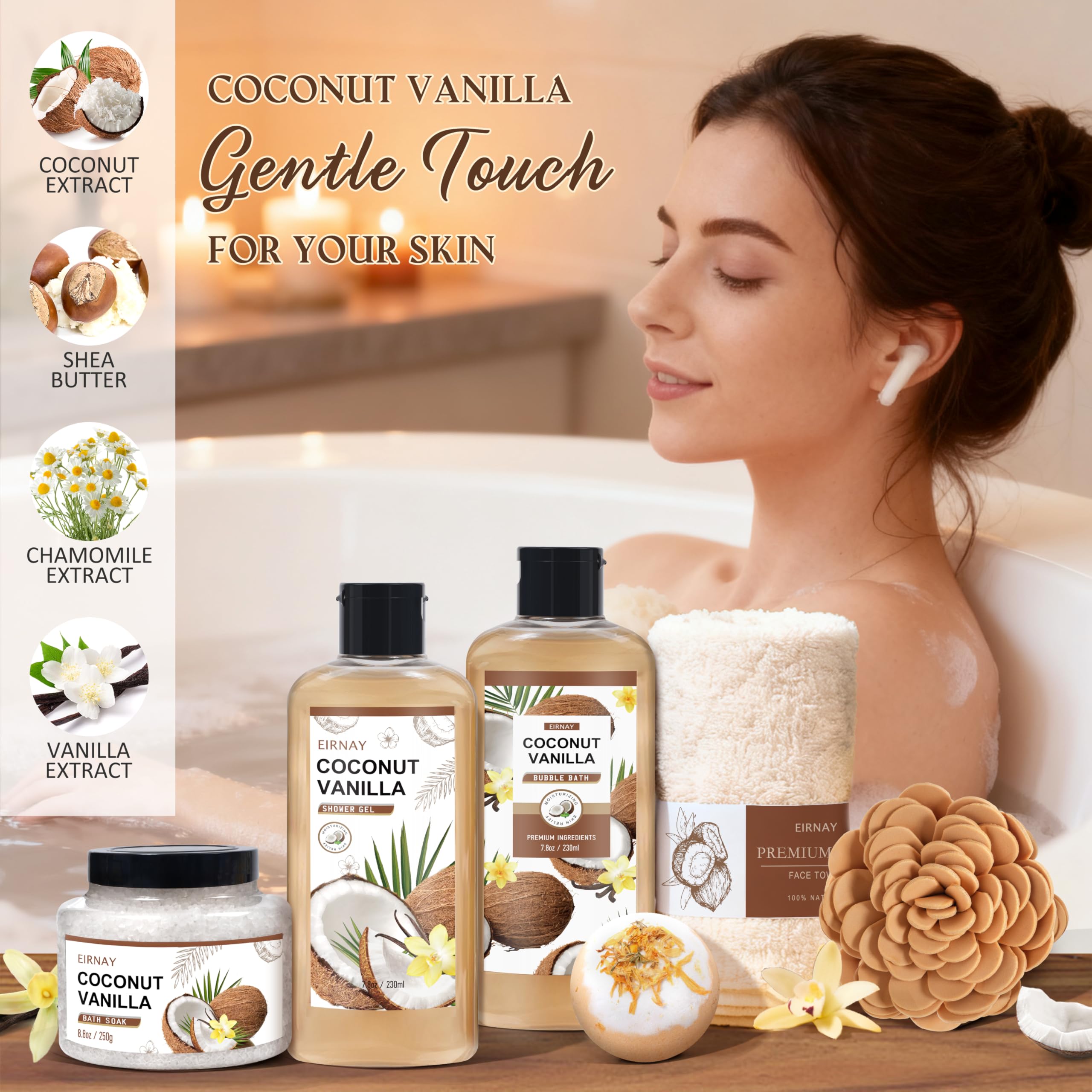 EIRNAY Christmas Gifts for Women — 16-Piece Coconut Vanilla Spa Gift Basket