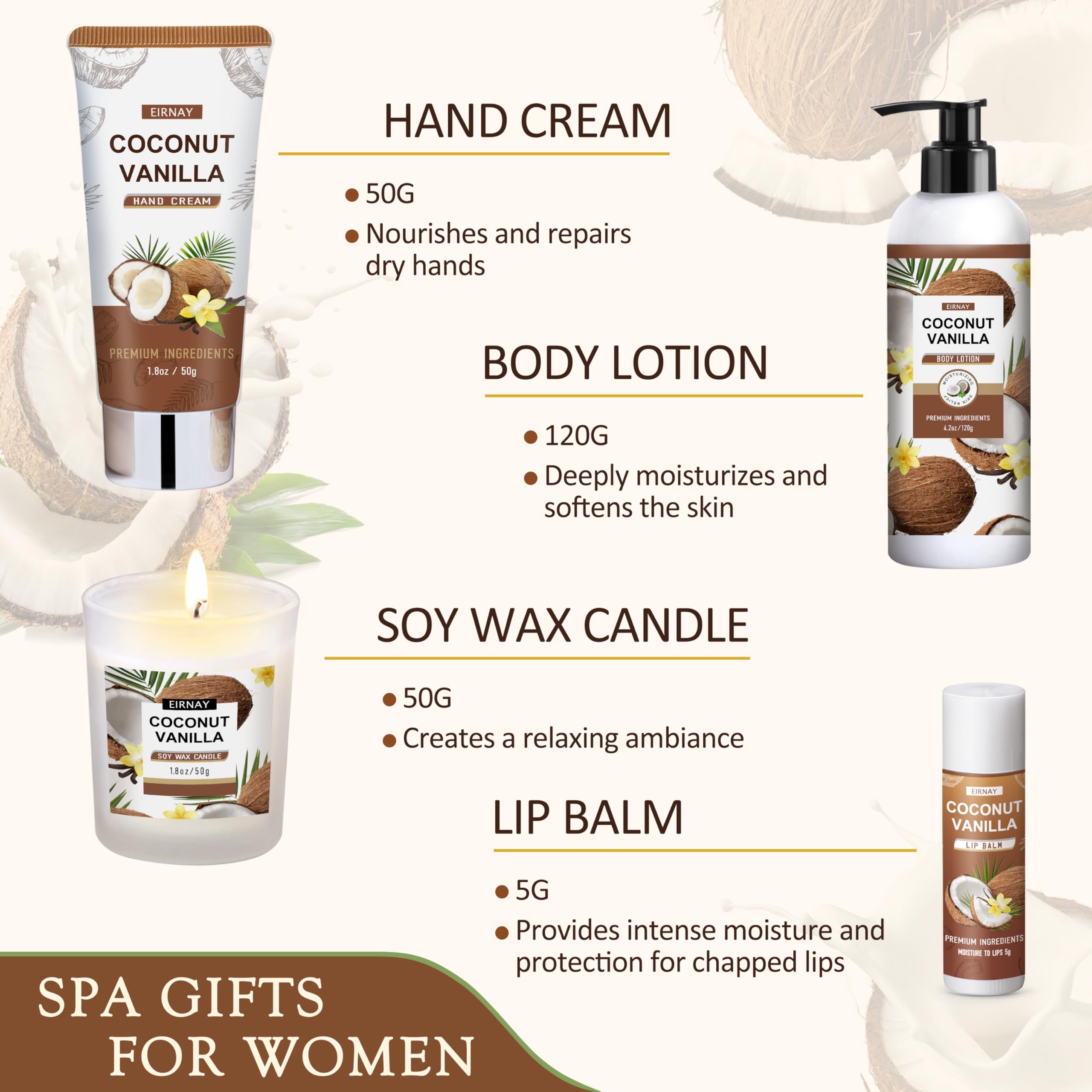 EIRNAY Christmas Gifts for Women — 16-Piece Coconut Vanilla Spa Gift Basket