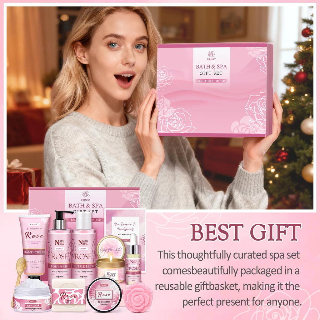 EIRNAY Rose Spa Gift Basket for Women – 12-Piece Self-Care Kit