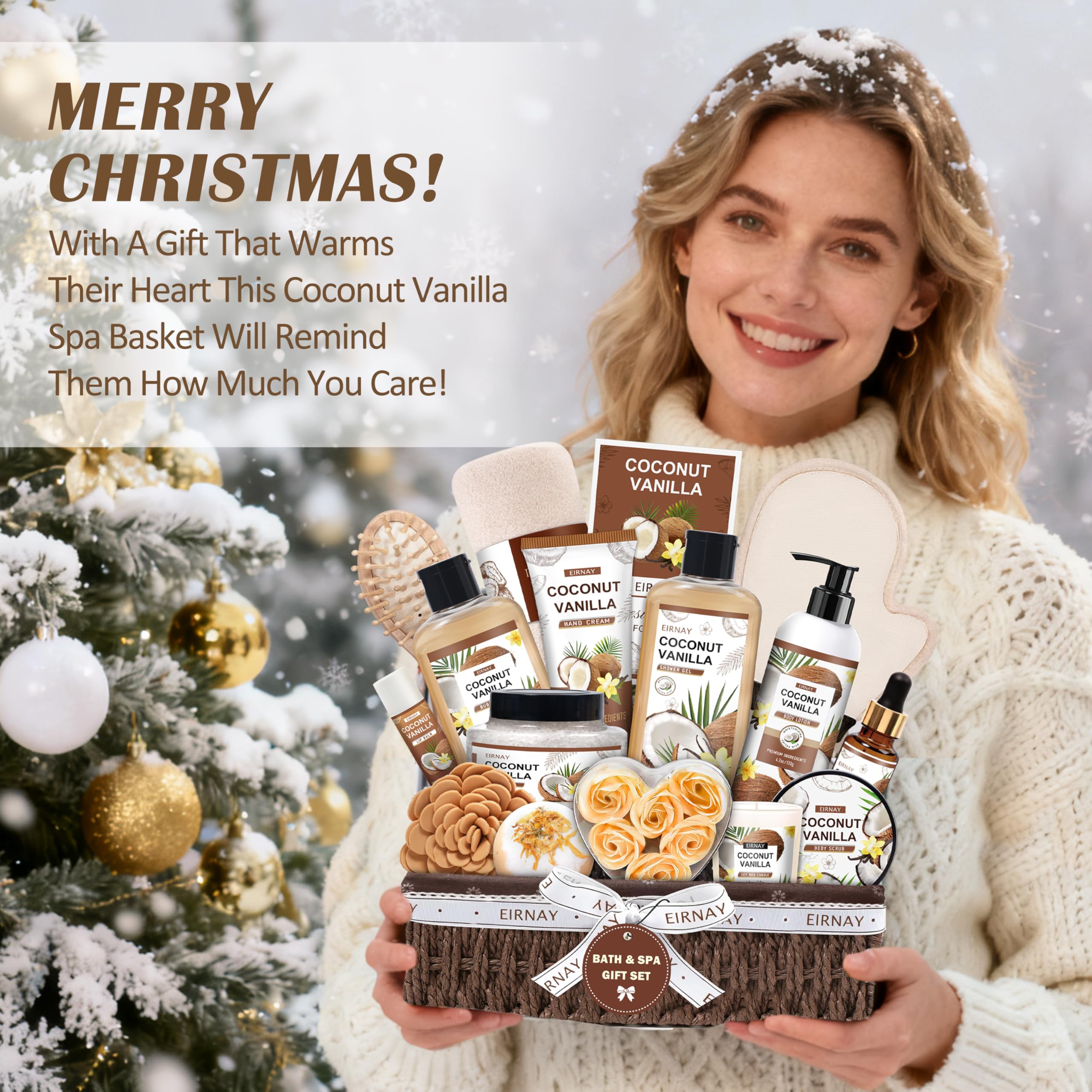EIRNAY Christmas Gifts for Women — 16-Piece Coconut Vanilla Spa Gift Basket