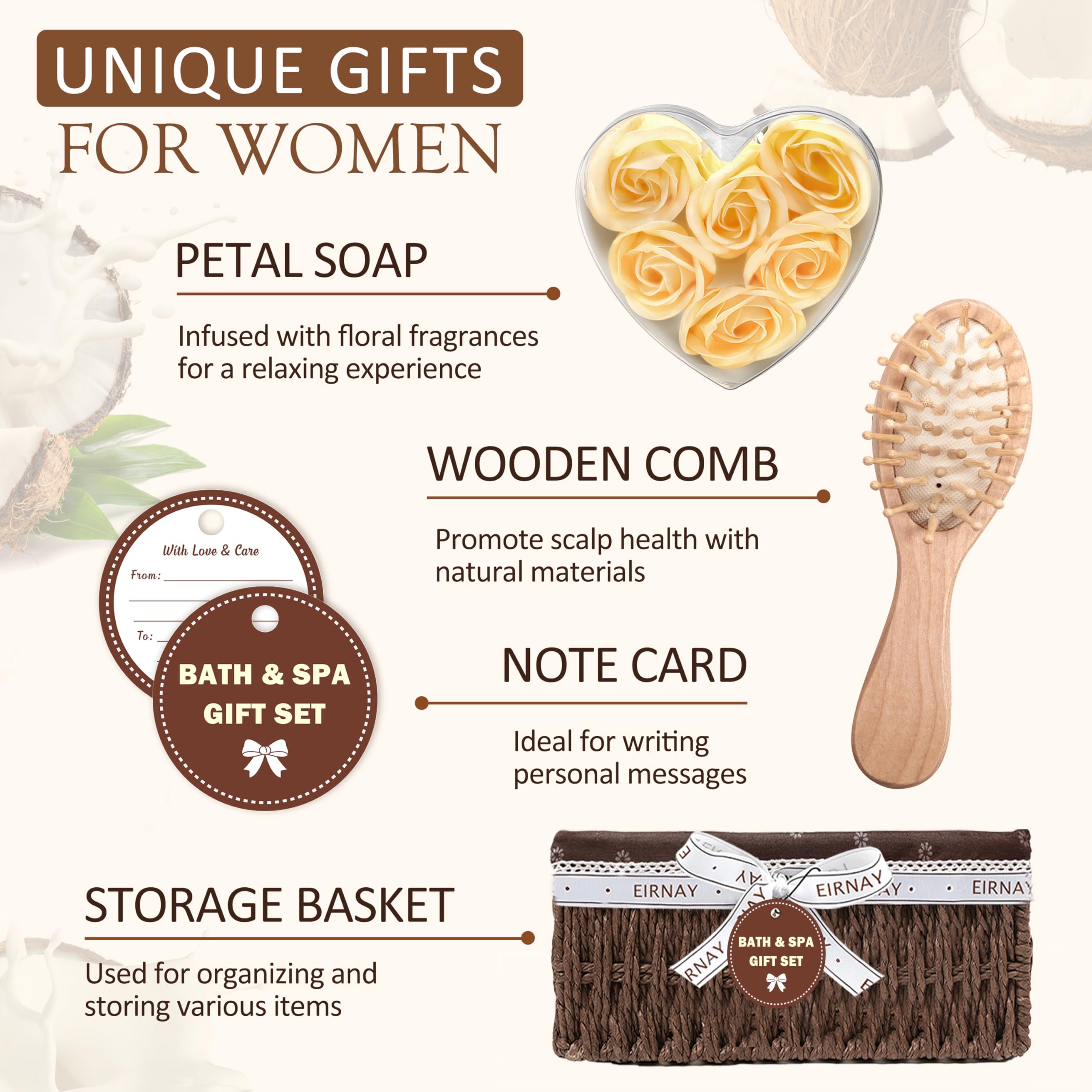 EIRNAY Christmas Gifts for Women — 16-Piece Coconut Vanilla Spa Gift Basket