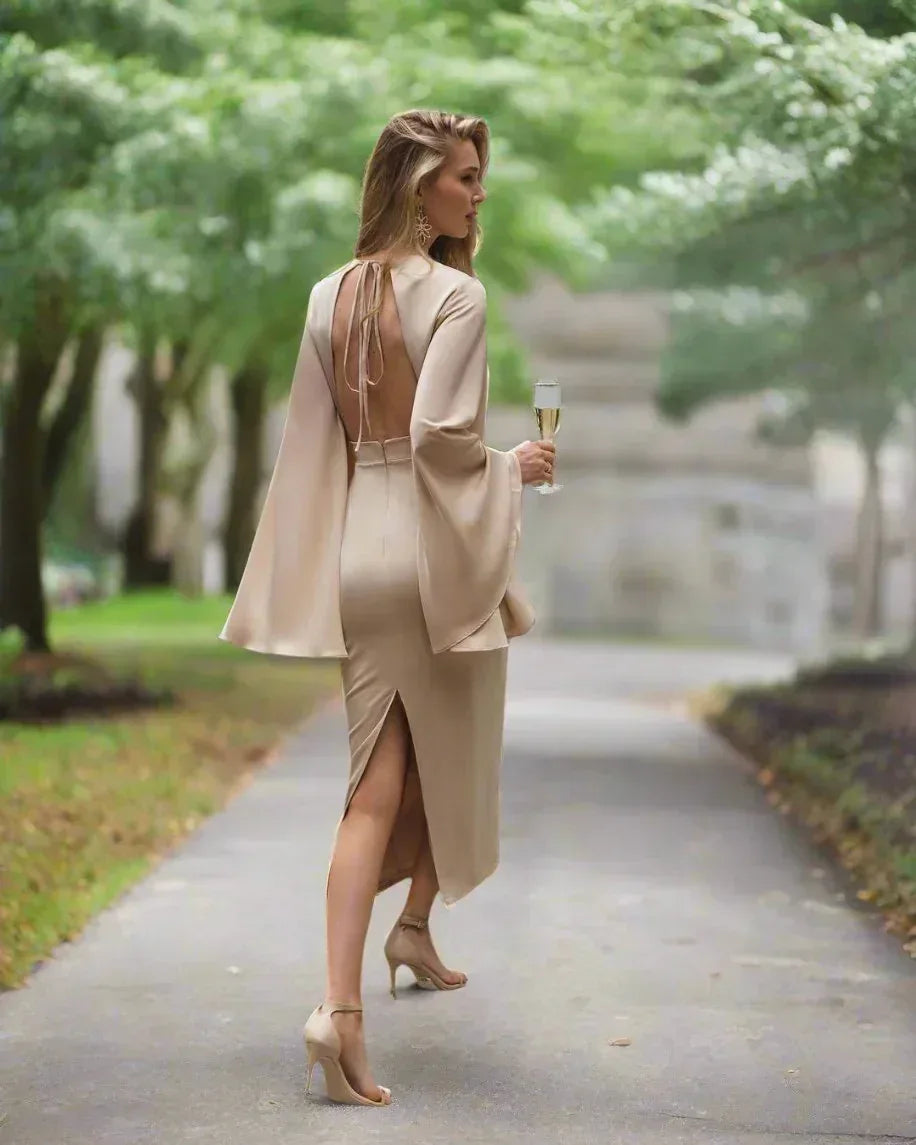 Elegant Backless Dress for Women with Bell Sleeves, High Waist, Khaki Color, Available in S, M, L
