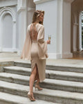 Elegant Backless Dress for Women with Bell Sleeves, High Waist, Khaki Color, Available in S, M, L